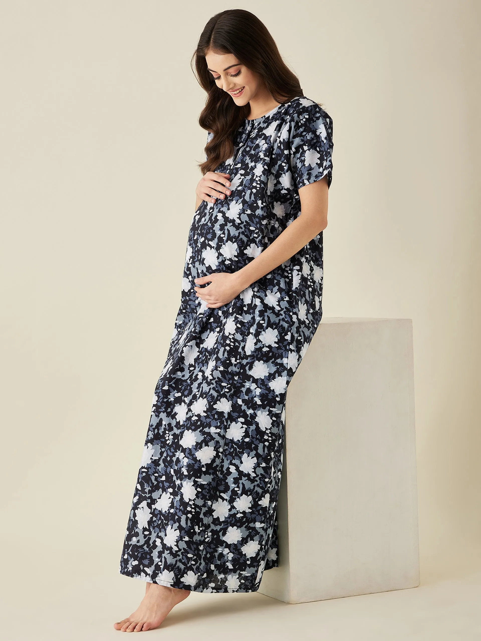 Black And White Abstract Print Maternity Nightdress - The Kaftan Company