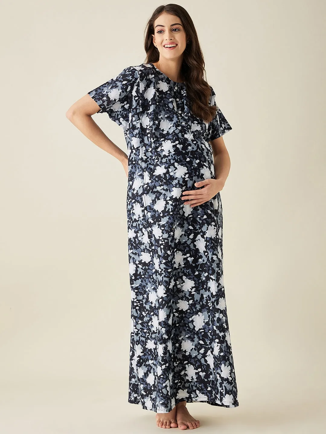 Black And White Abstract Print Maternity Nightdress - The Kaftan Company