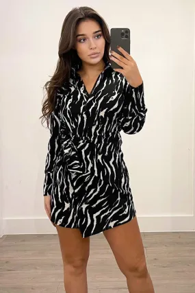 Black and White Printed Tie Wrap Long Sleeve Dress