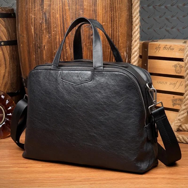 Black Cool Leather 14 inches Shoulder Briefcase Travel Bags Handbags Luggage Bag for Men