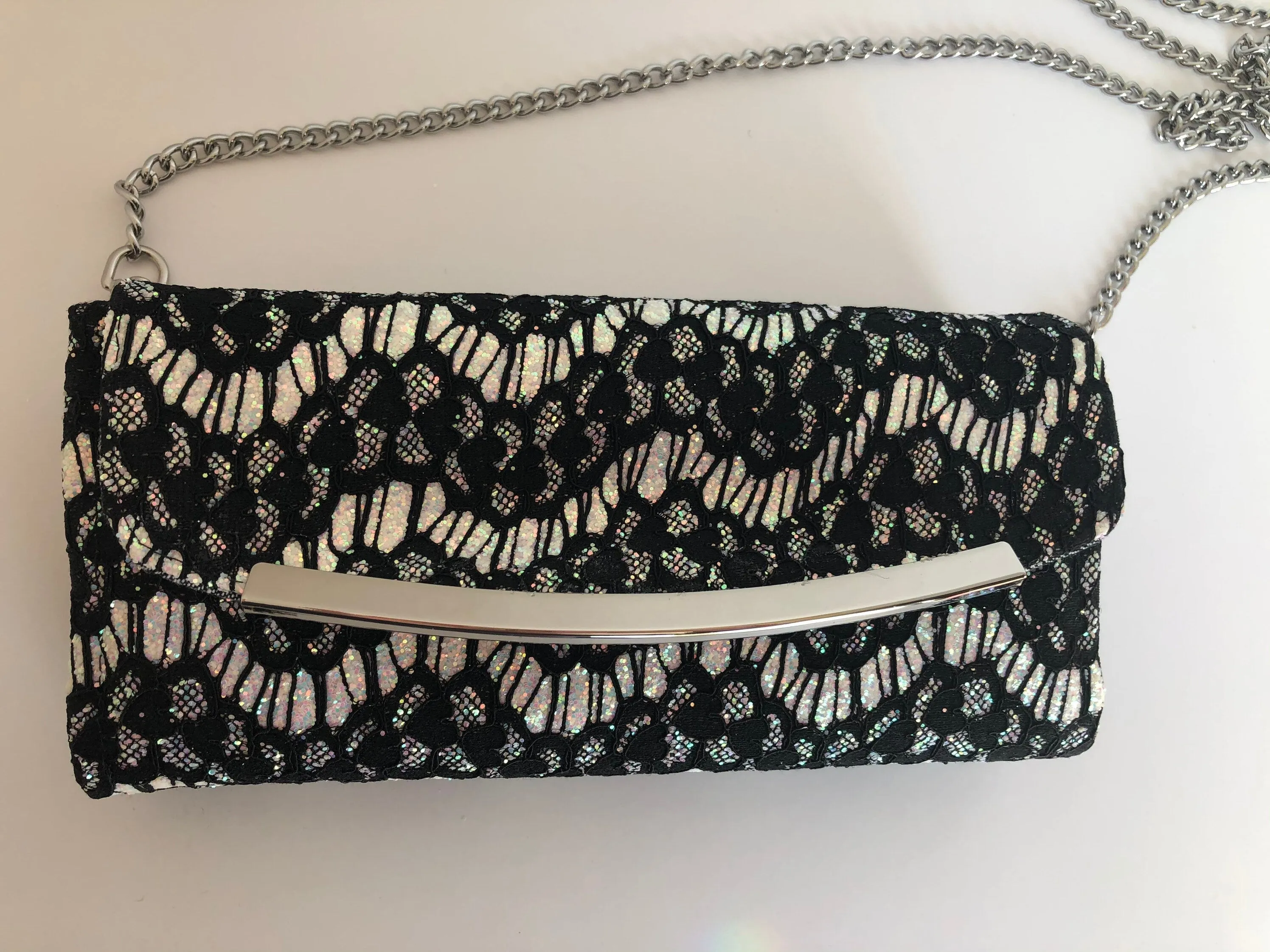 Black Lace over White Glitter Canvas Evening Bag, Wallet with Bag Chain, Ladies Wallet, Clutch bag