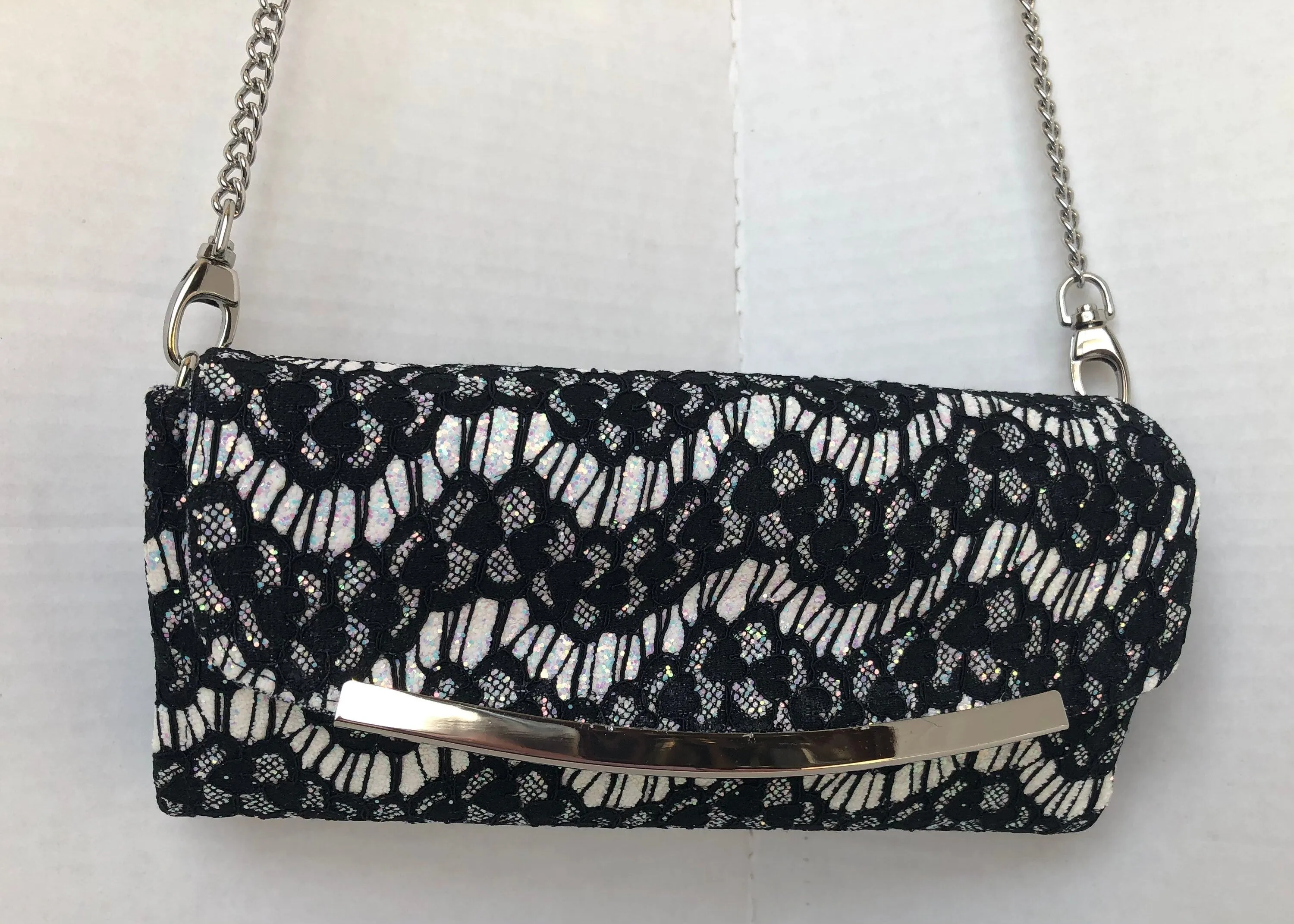 Black Lace over White Glitter Canvas Evening Bag, Wallet with Bag Chain, Ladies Wallet, Clutch bag