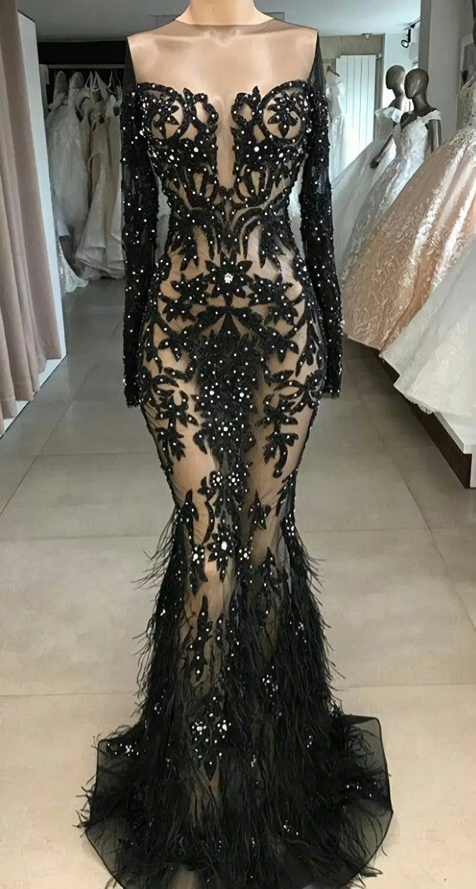 Black Prom Dresses Feather Prom Dresses Lace Evening Dresses Fashion Party Dresses Mermaid Evening Dresses Beaded Prom Dresses Pearls Prom Dresses Mermaid Evening Gowns