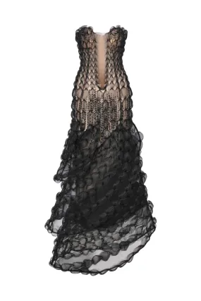 BLACK SHEER TULLE DRESS WITH 3D DETAILS