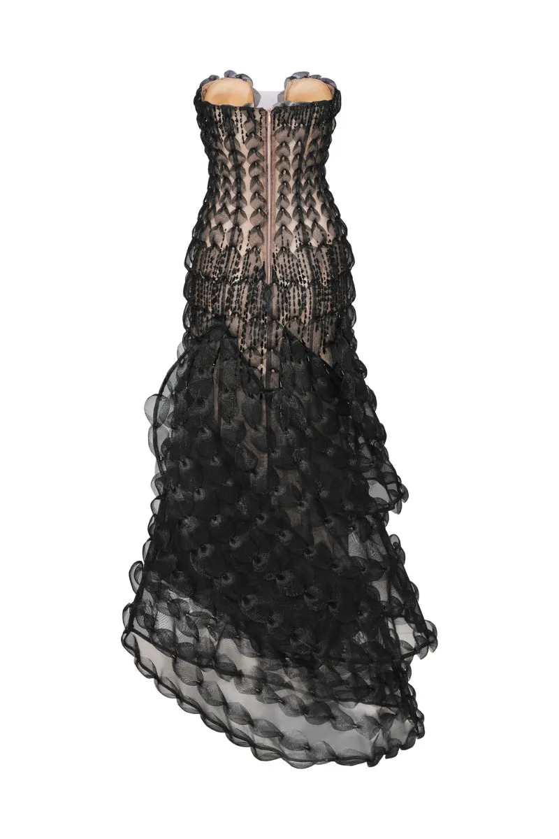 BLACK SHEER TULLE DRESS WITH 3D DETAILS