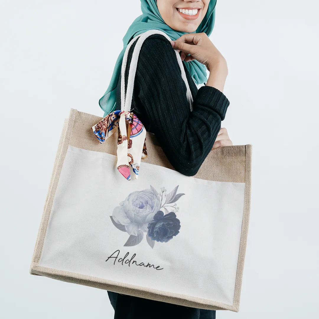 Blue Rose With Jute Bag with Front Pocket