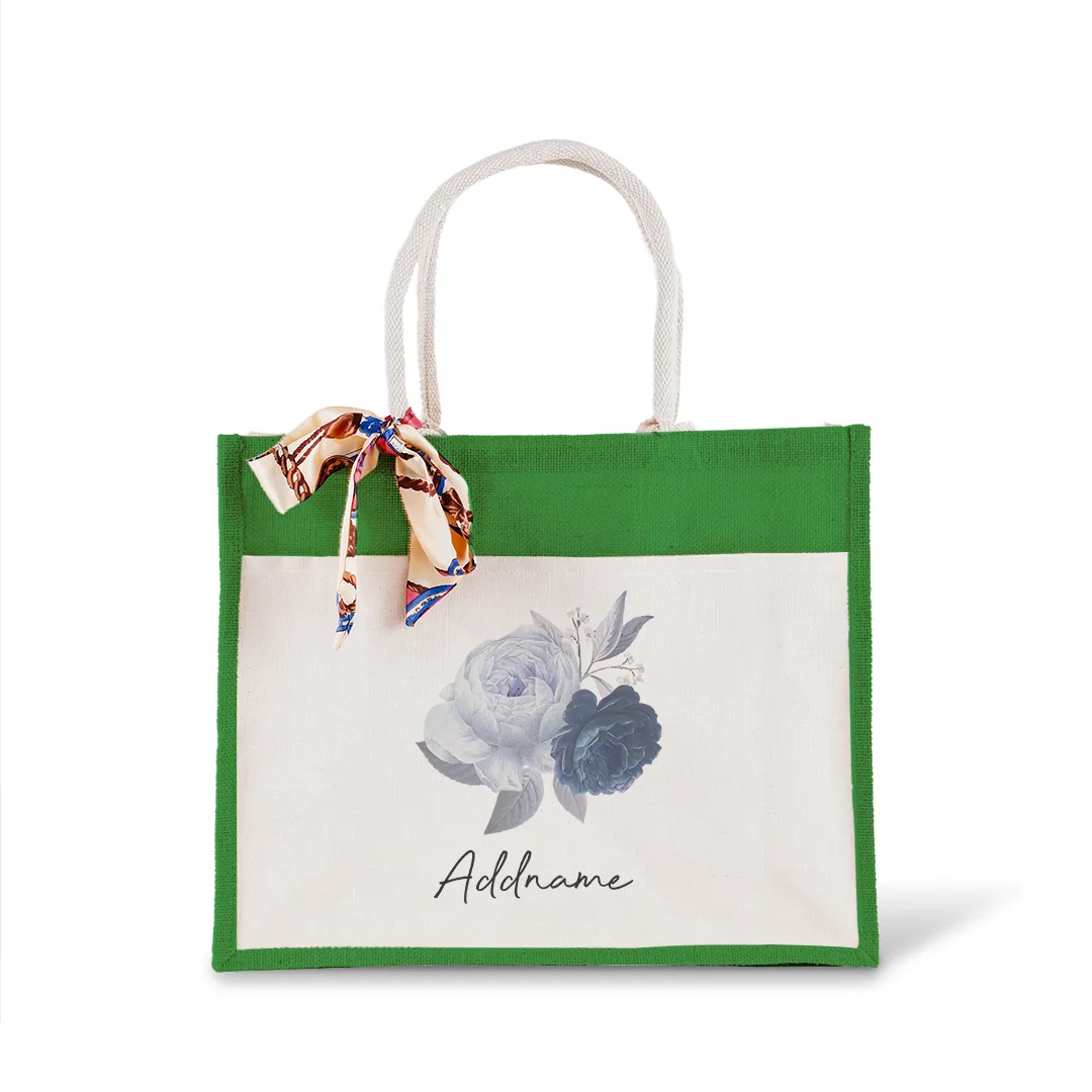 Blue Rose With Jute Bag with Front Pocket