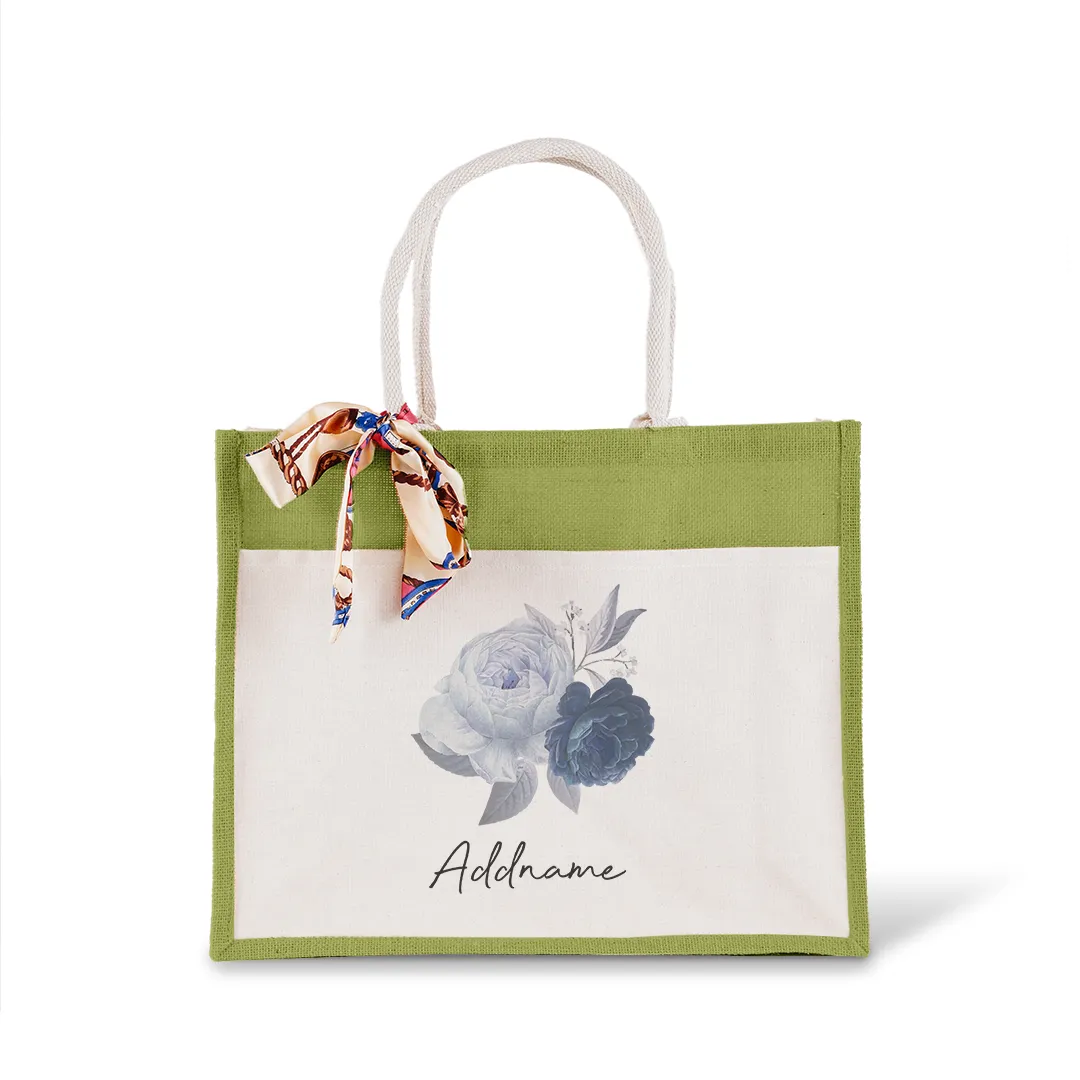 Blue Rose With Jute Bag with Front Pocket