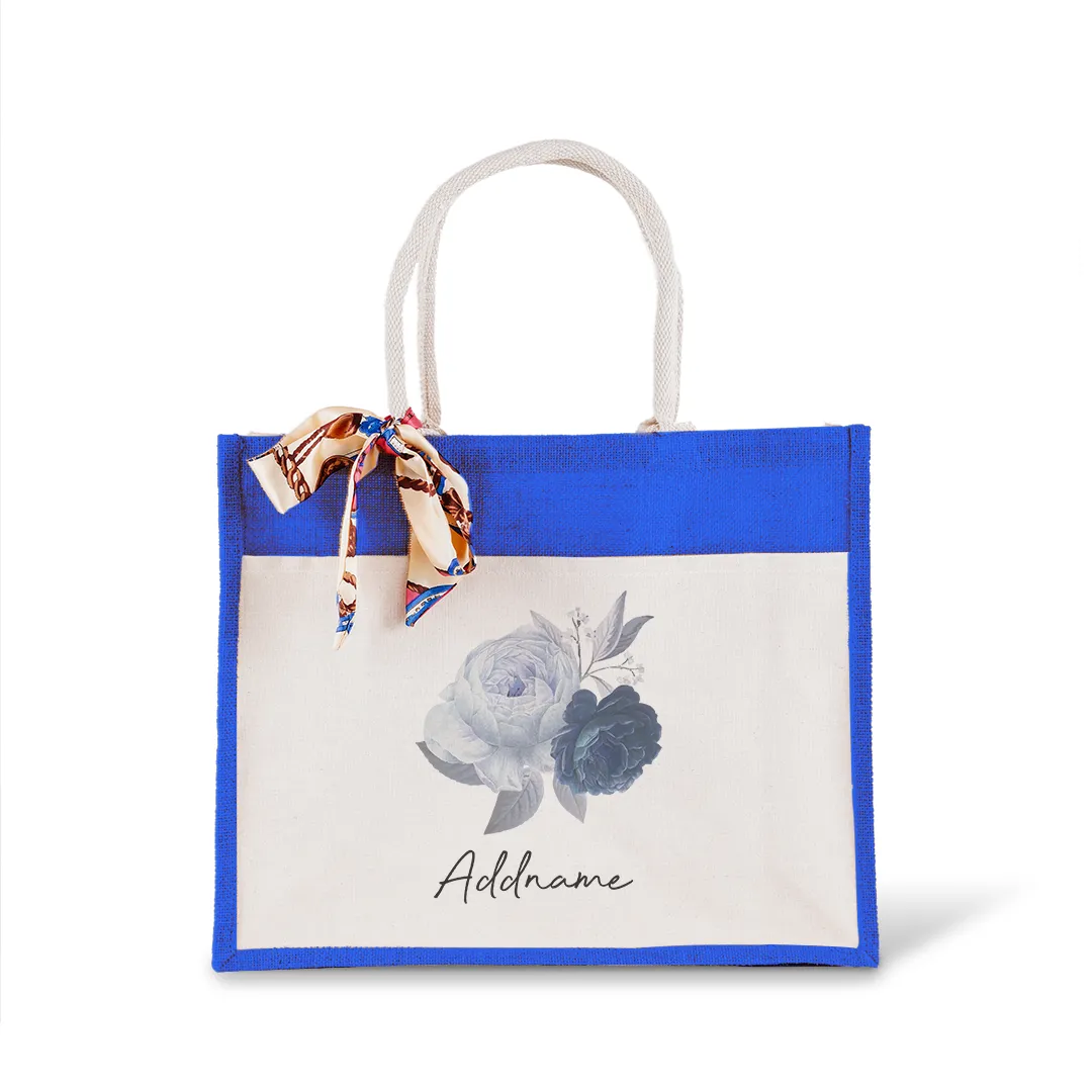 Blue Rose With Jute Bag with Front Pocket