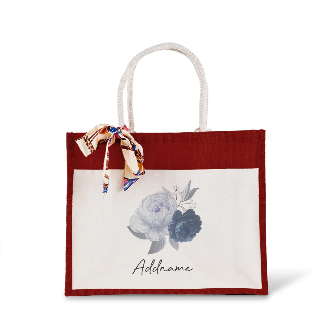 Blue Rose With Jute Bag with Front Pocket