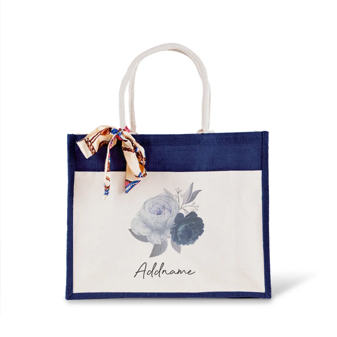 Blue Rose With Jute Bag with Front Pocket