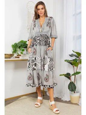 Boho Grey, Black & White Patchwork Maxi Dress