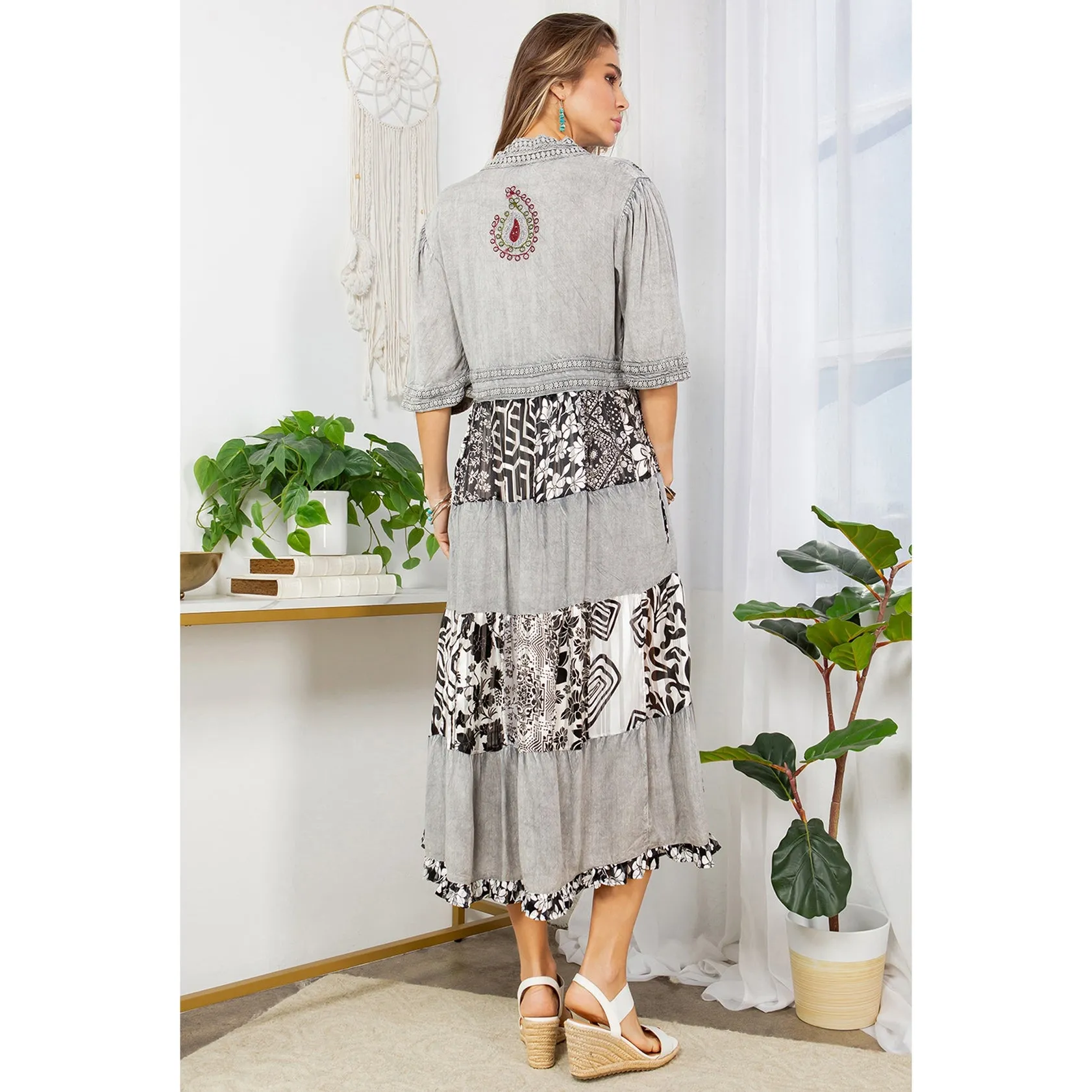 Boho Grey, Black & White Patchwork Maxi Dress