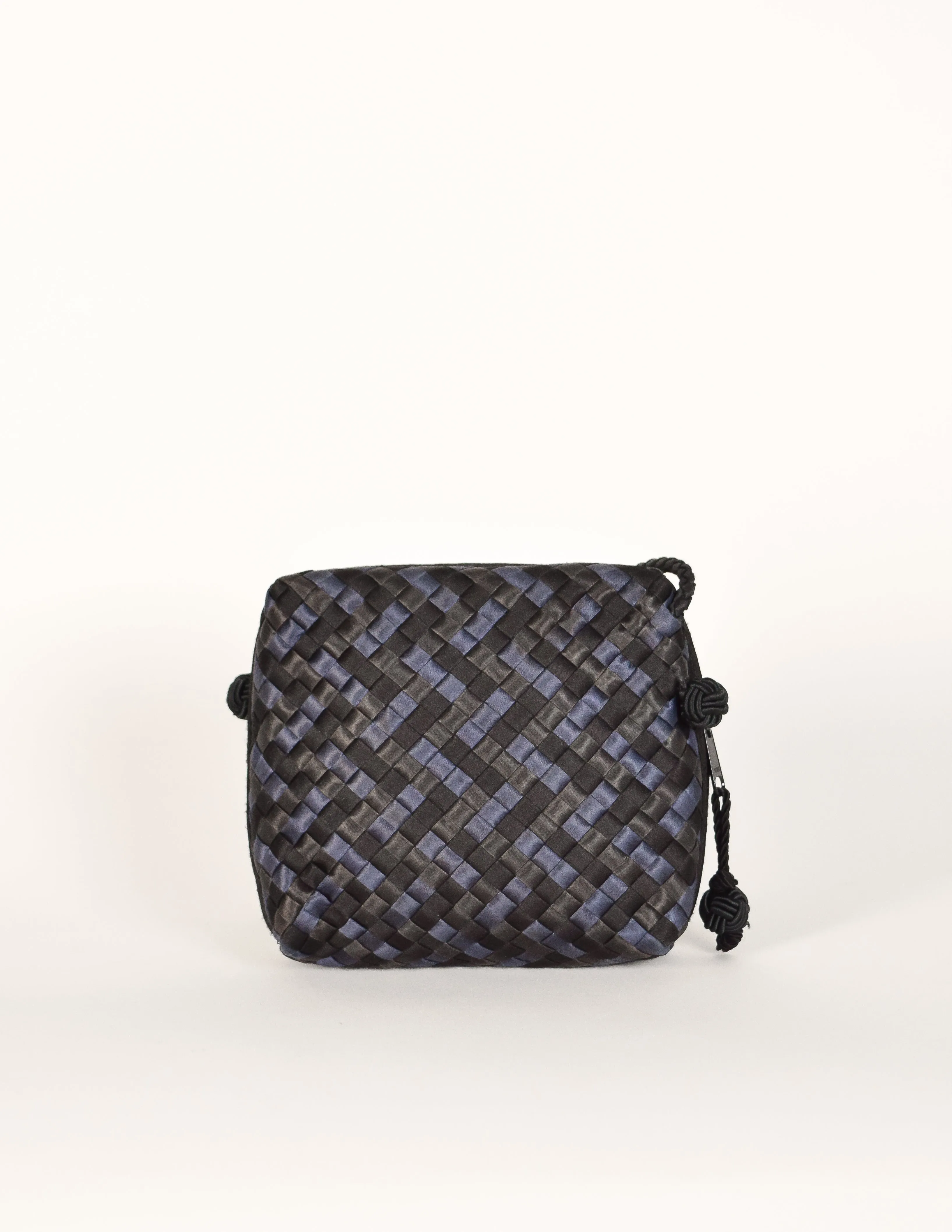 Bottega Veneta Vintage Black Blue Satin Woven Intrecciato Crossbody Mini Bag