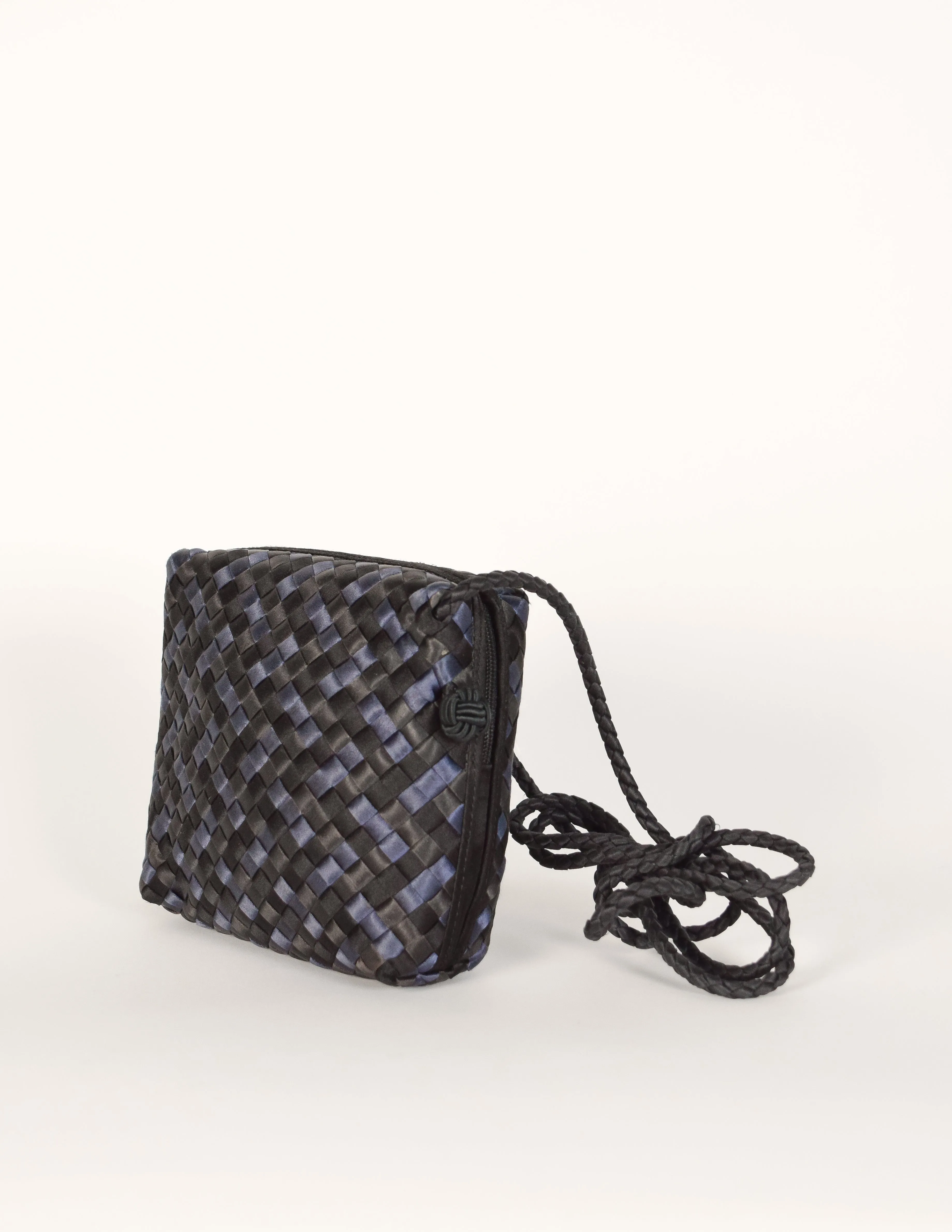 Bottega Veneta Vintage Black Blue Satin Woven Intrecciato Crossbody Mini Bag