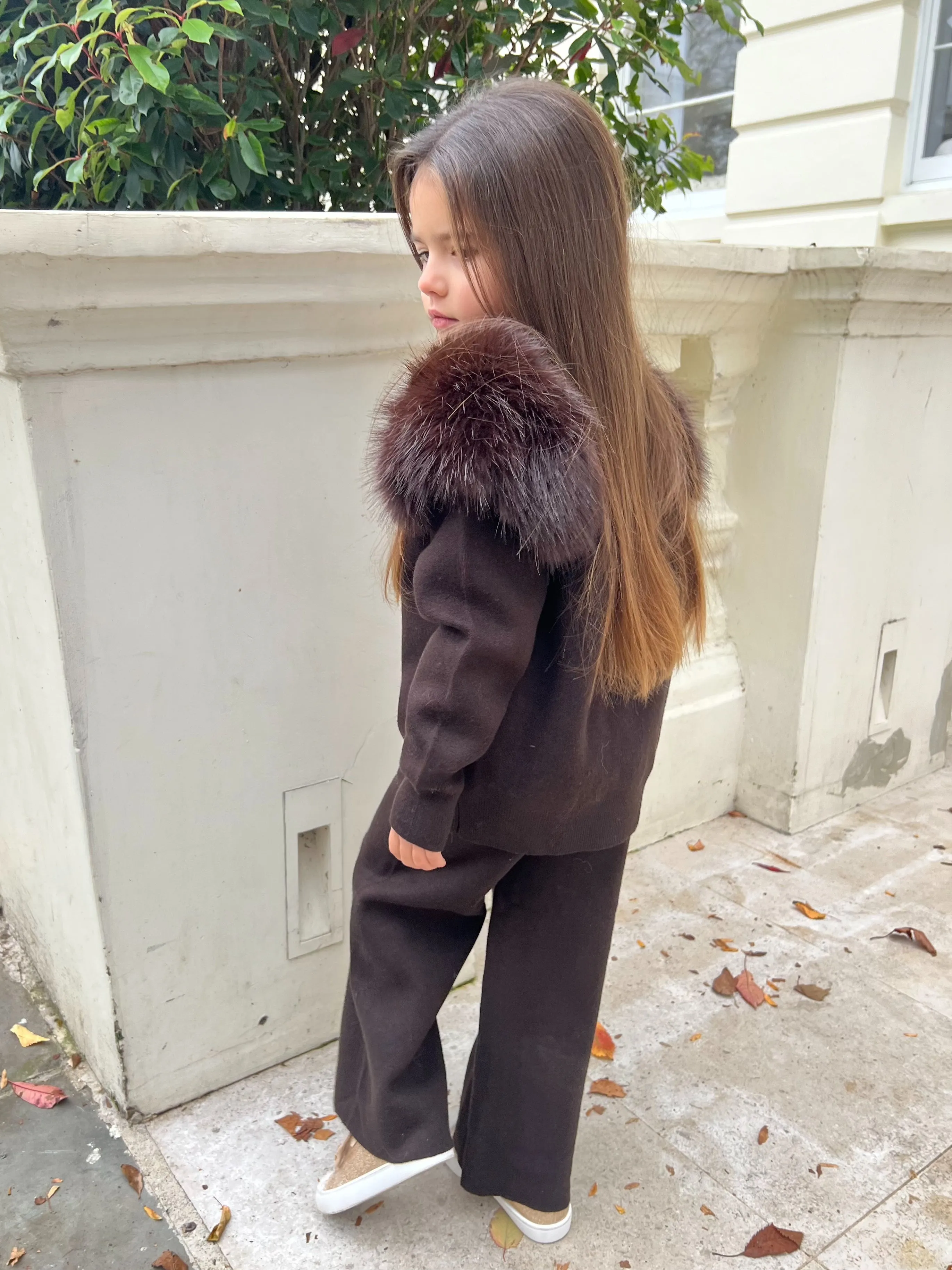 Childrens Chocolate Premium Faux Fur Roll Neck Wide Leg Tracksuit