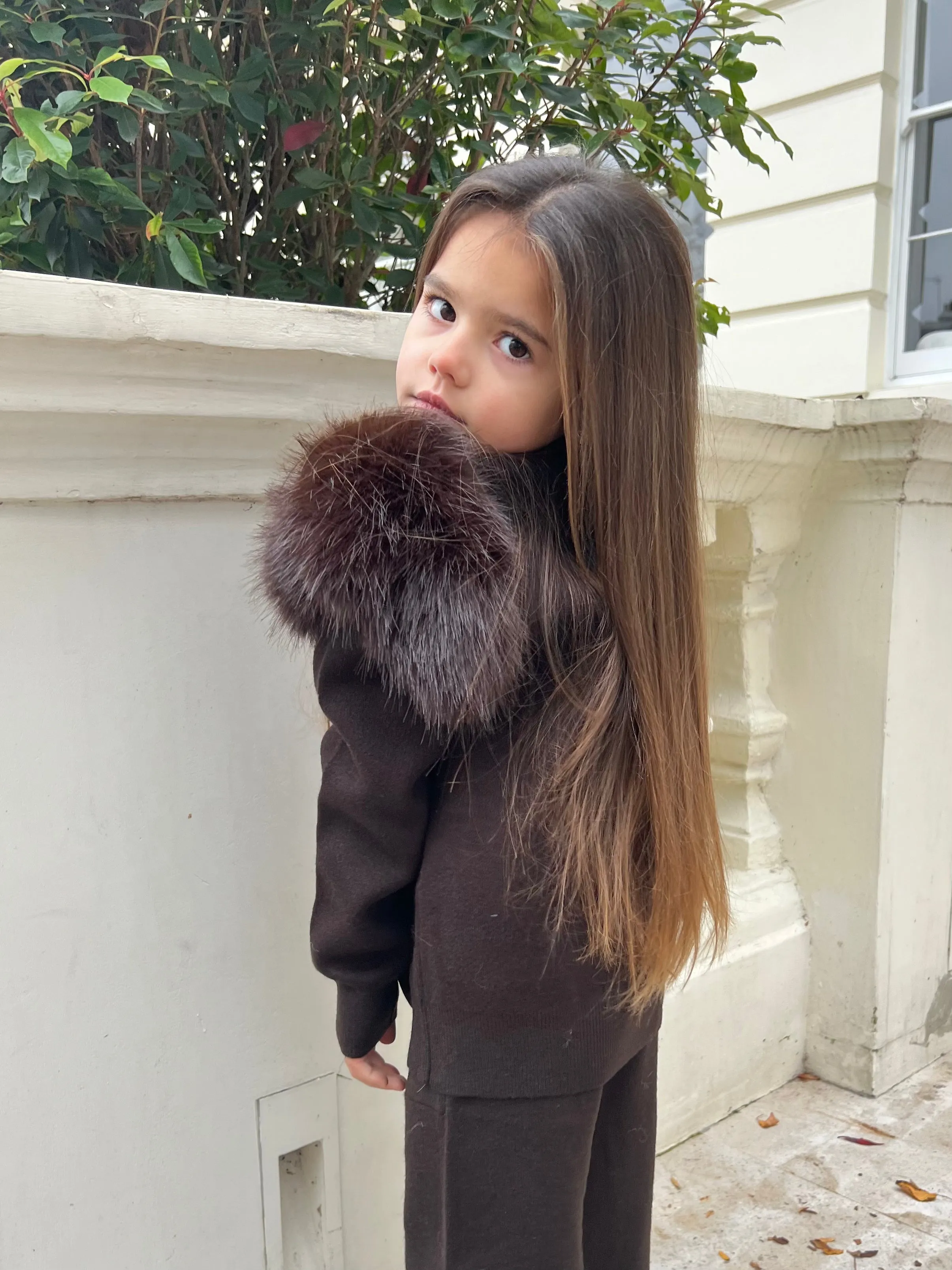 Childrens Chocolate Premium Faux Fur Roll Neck Wide Leg Tracksuit