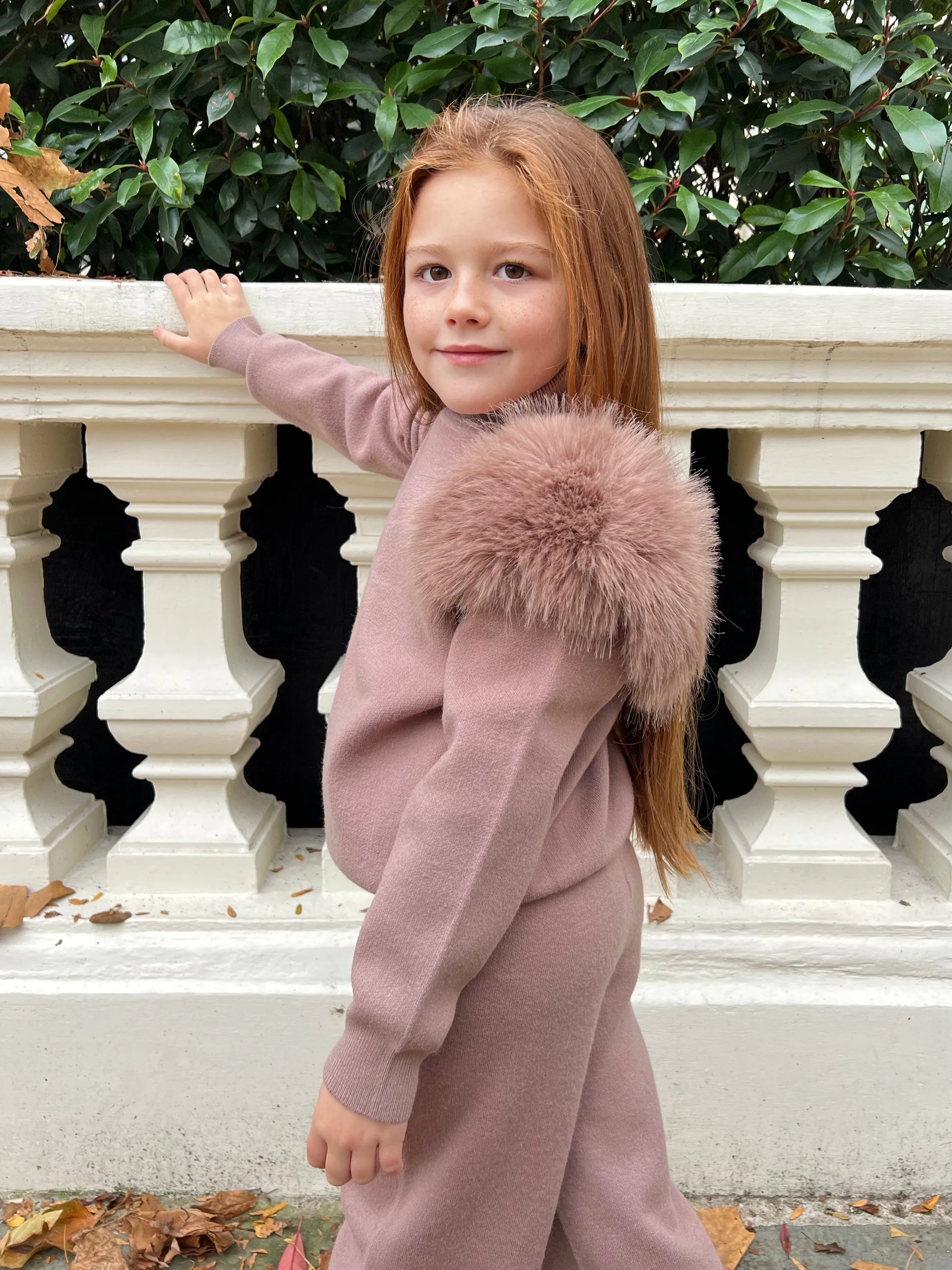 Childrens Taupe Premium Faux Fur Roll Neck Wide Leg Tracksuit