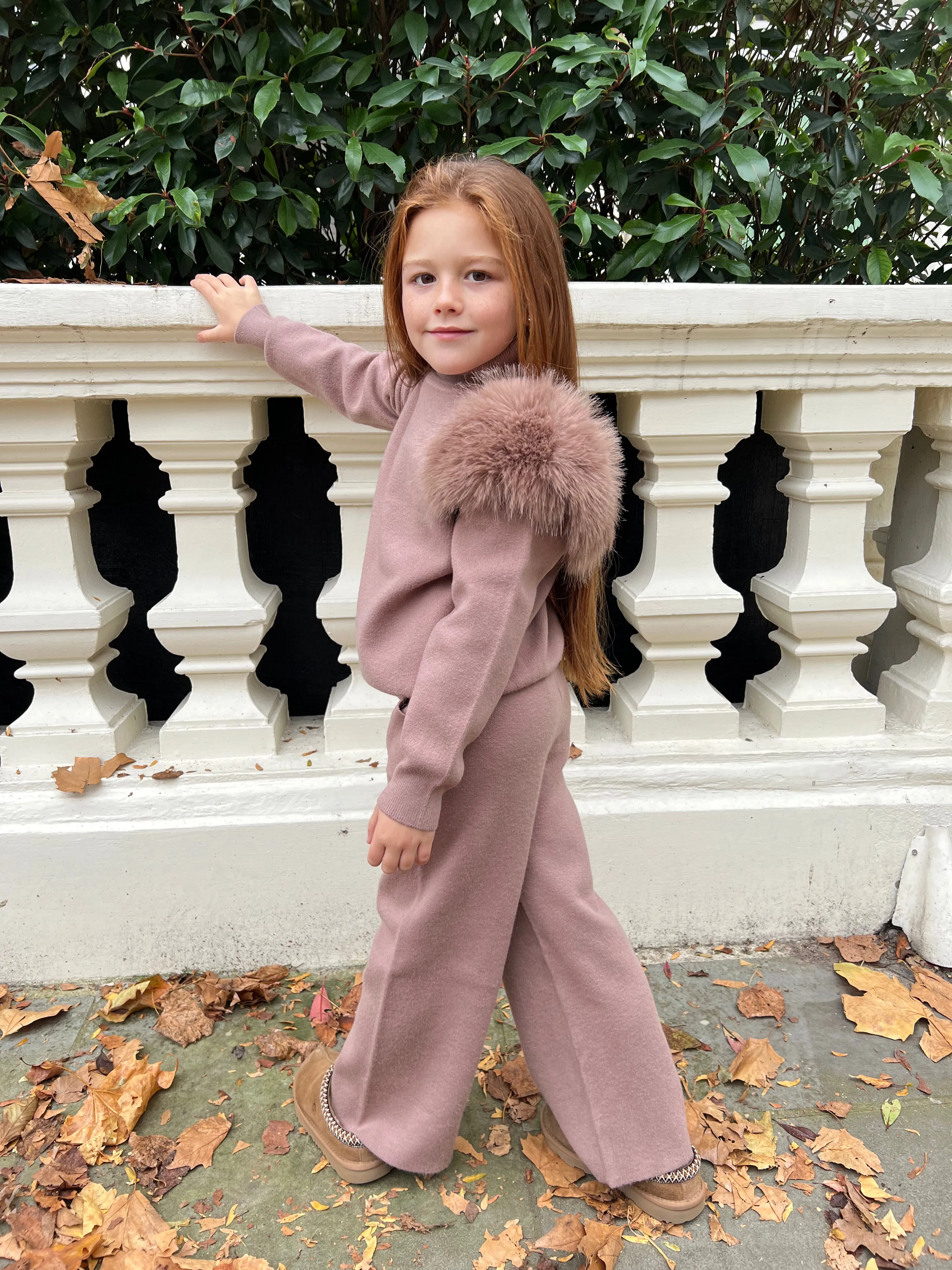 Childrens Taupe Premium Faux Fur Roll Neck Wide Leg Tracksuit