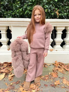 Childrens Taupe Premium Faux Fur Roll Neck Wide Leg Tracksuit