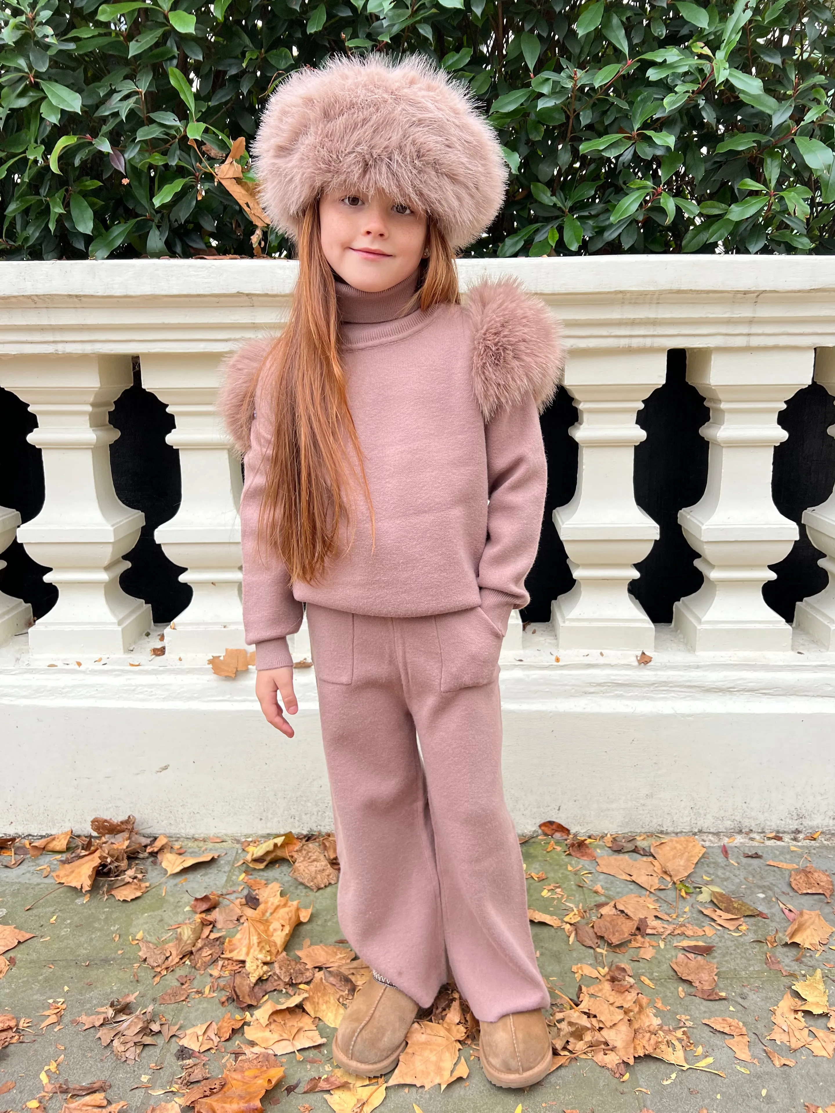 Childrens Taupe Premium Faux Fur Roll Neck Wide Leg Tracksuit