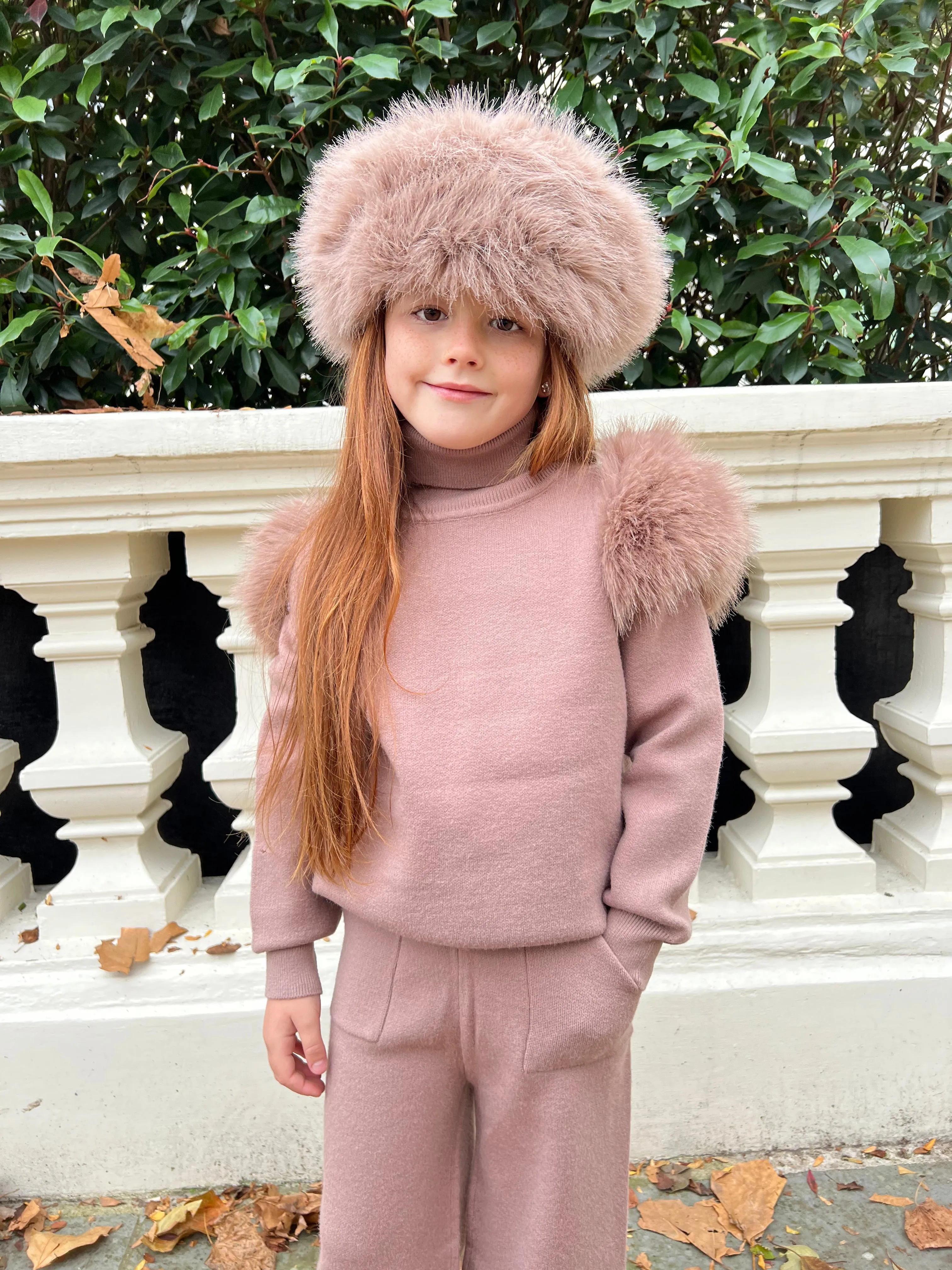 Childrens Taupe Premium Faux Fur Roll Neck Wide Leg Tracksuit