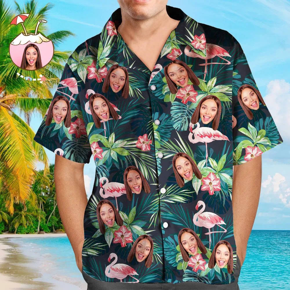 Christmas Gifts Custom Hawaiian Shirt with Face Shirt Leaves & Flamingo Button Down Shirts