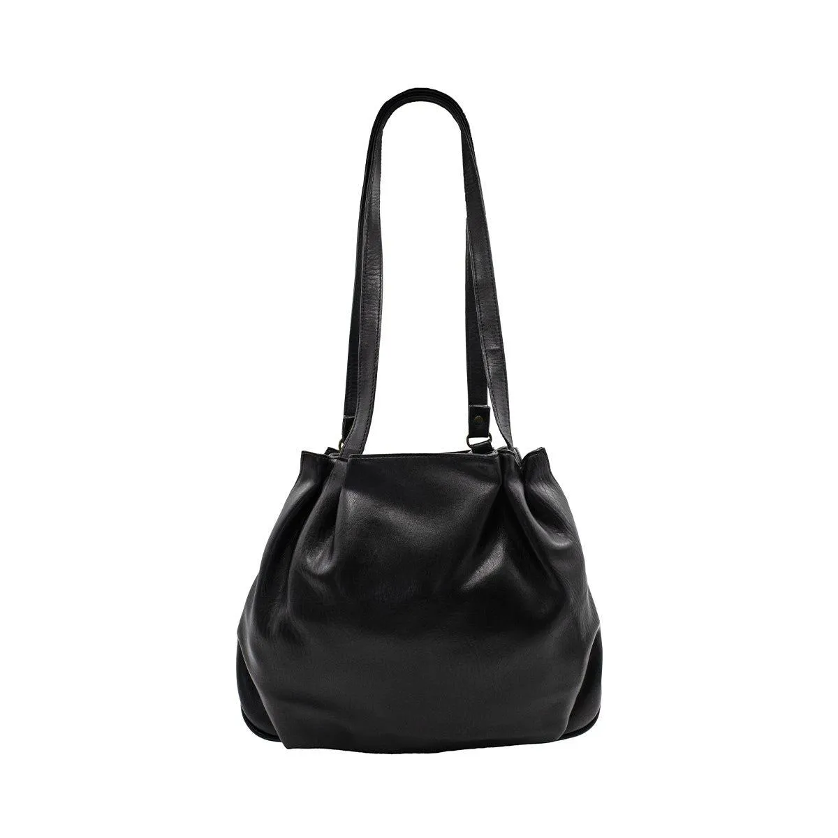 Classics Pleated Detail Bucket Shoulder Bags Leather Black Colour For Women