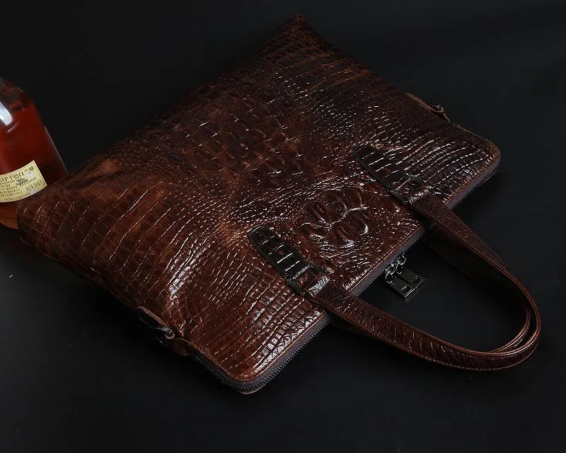 Crocodile Pattern Style Leather Slim Business Briefcase - Brown