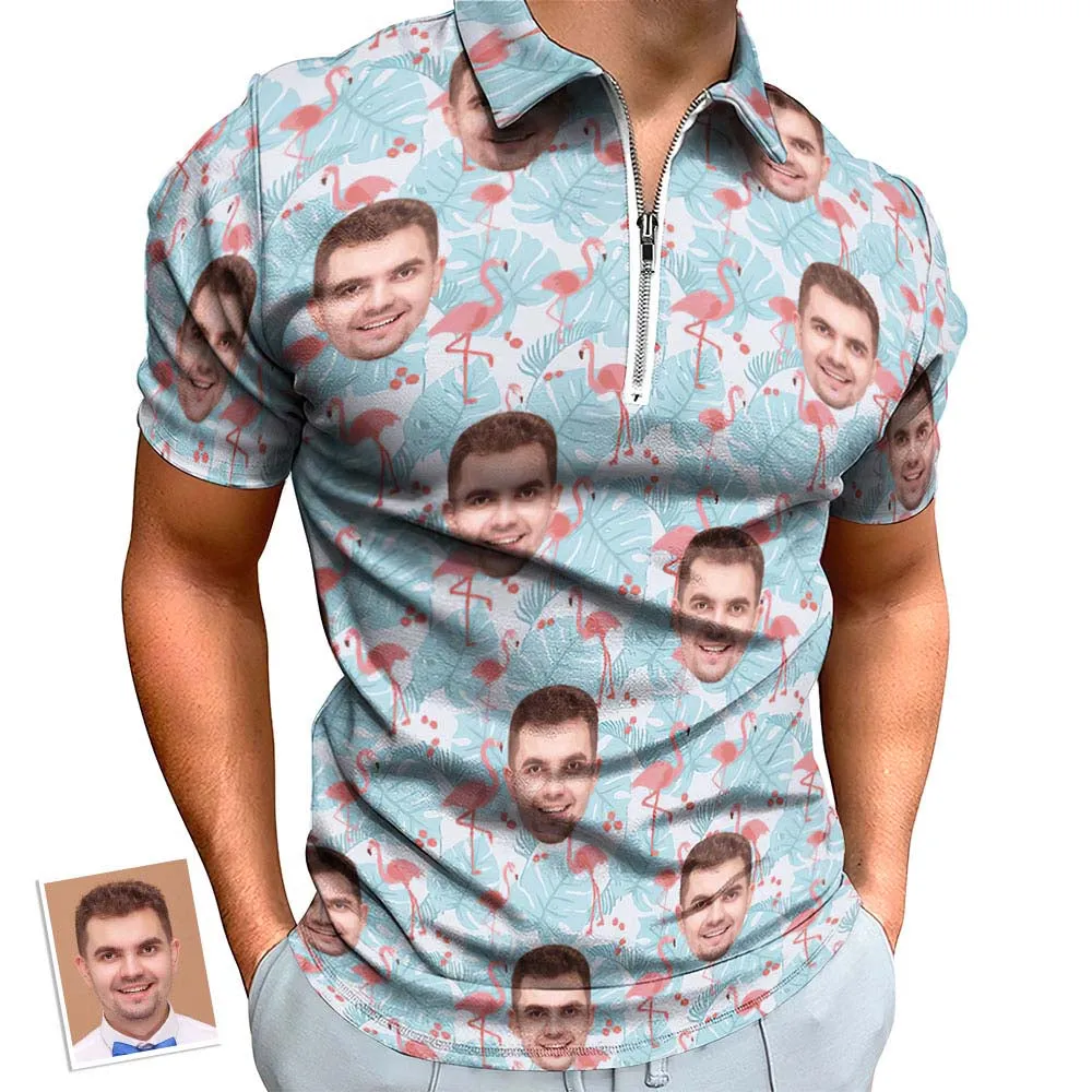 Custom Flamingo Blue Floral Men's Polo Shirt Personalised Face Funny Polo Shirt with Zipper