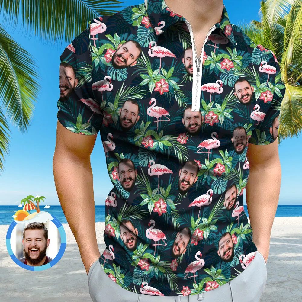 Custom Men's Polo Shirt with Zipper Personalised Face Hawaiian Style Polo Shirt