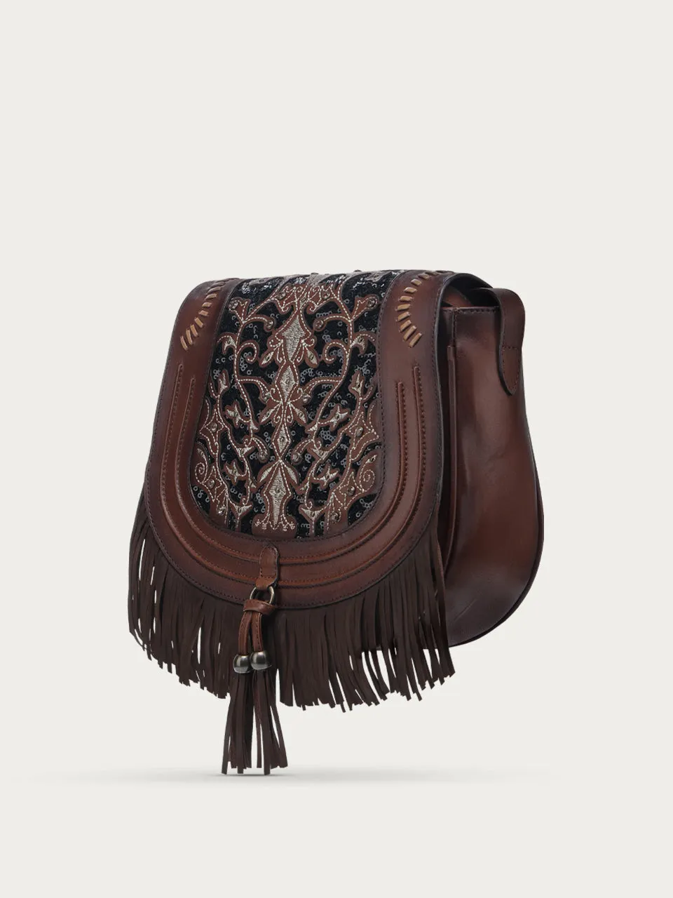 D1347 - LADIES EMBROIDERY GLITTER INLAY, STUDS, WITH WOVEN DETAIL CHOCOLATE FRINGE SADDLE BAG