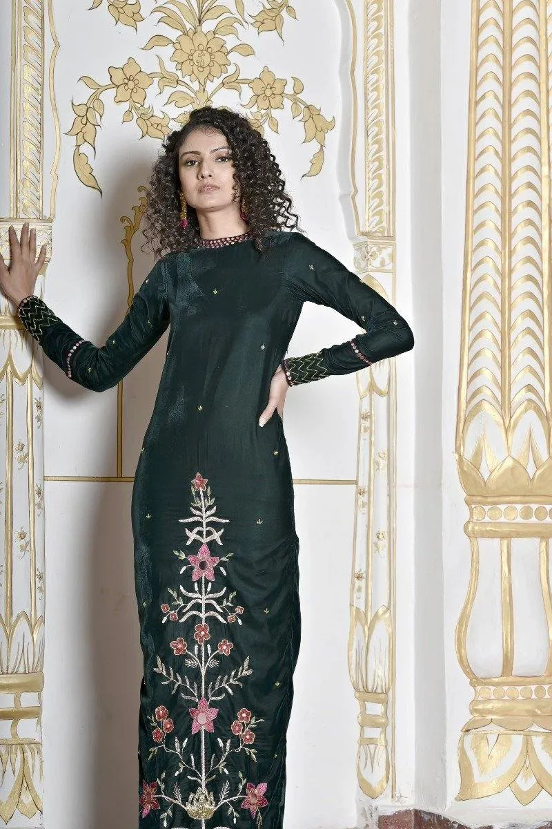 Dark Green Velvet Embroidered Long Dress