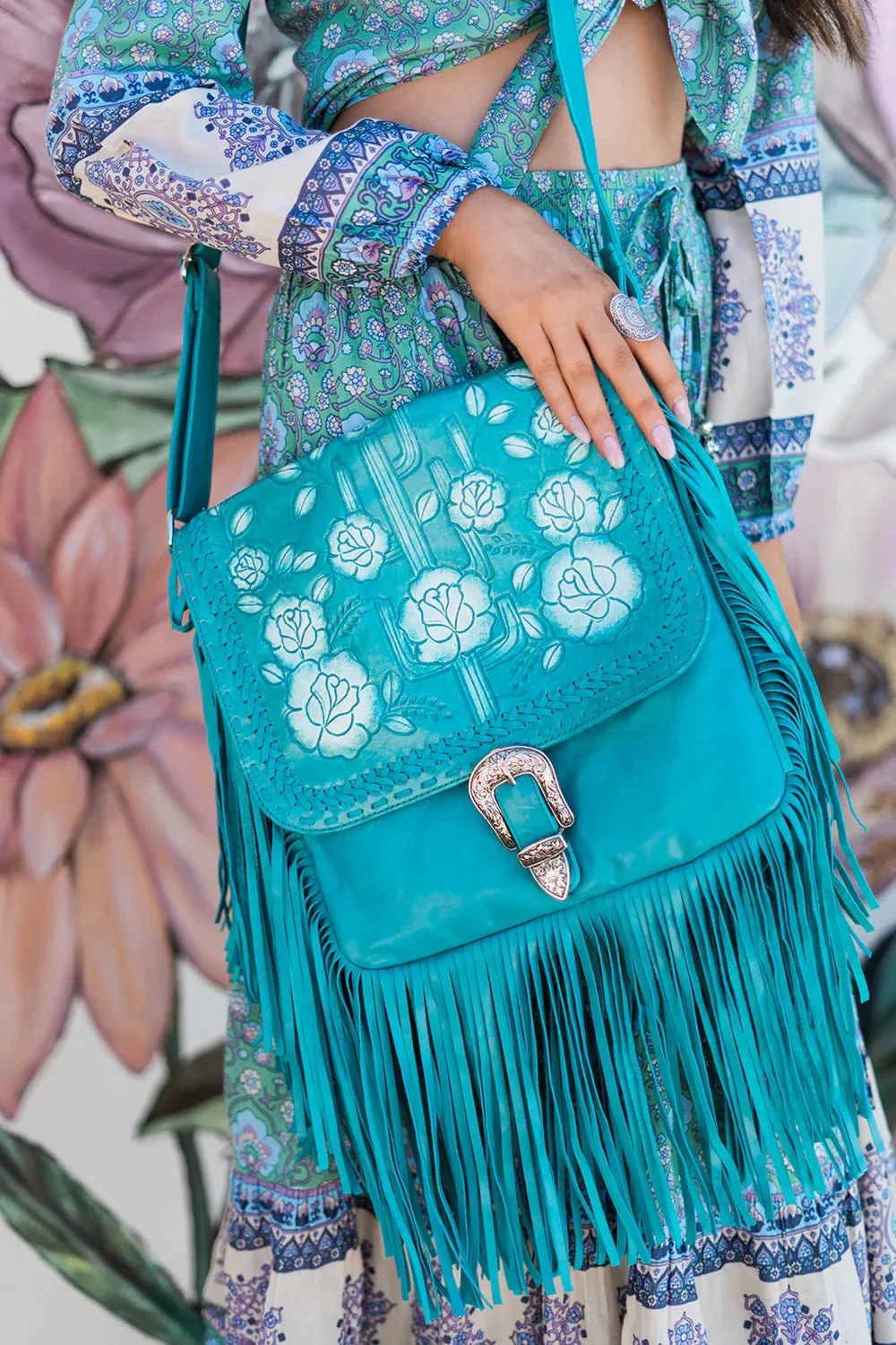 DESERT ROSE FRINGE BAG TURQUOISE