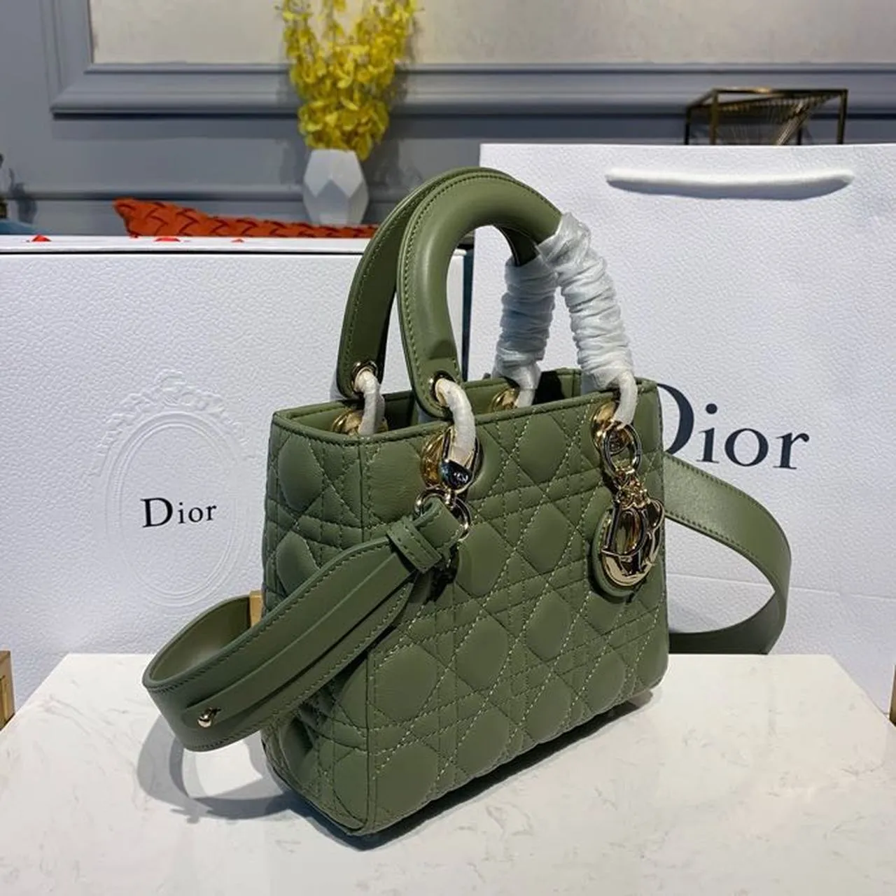 DI Small Lady Bag Gold Toned Hardware Olive Green For Women 8in/20cm CD