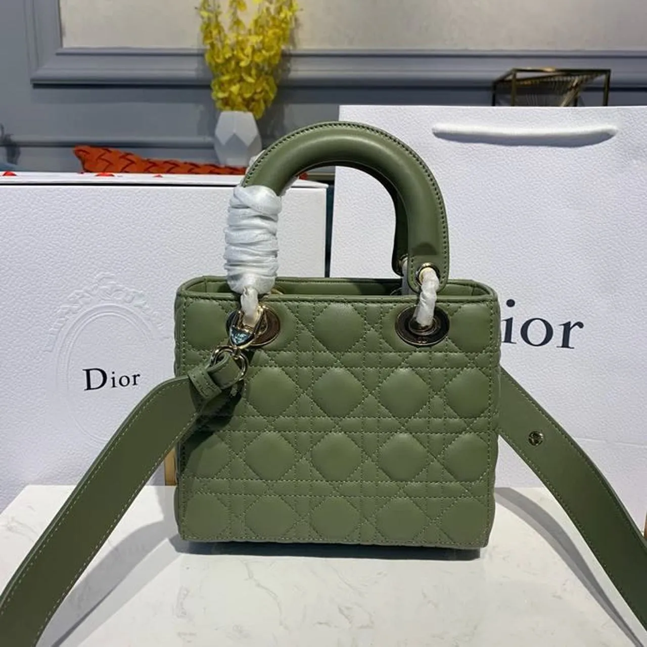 DI Small Lady Bag Gold Toned Hardware Olive Green For Women 8in/20cm CD