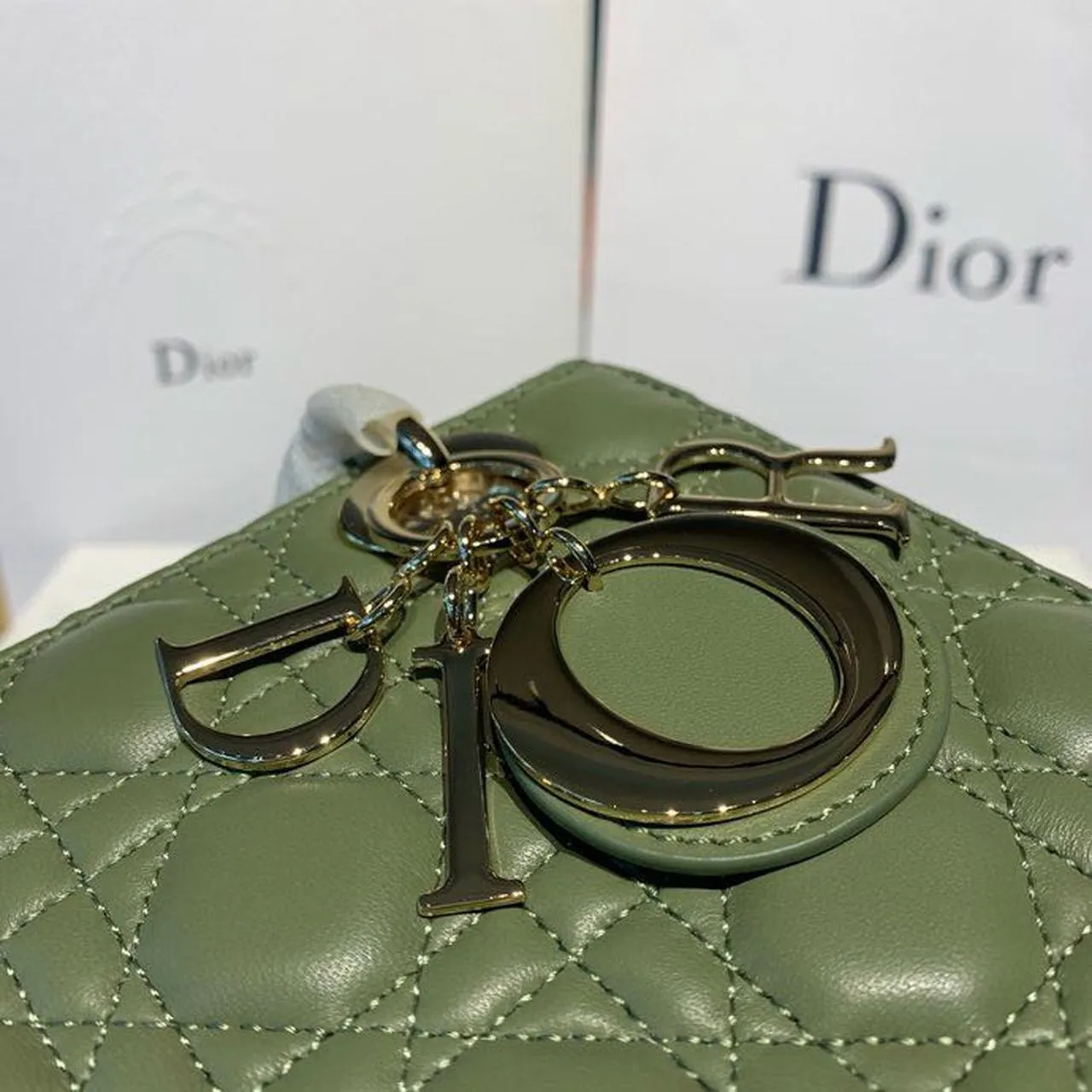 DI Small Lady Bag Gold Toned Hardware Olive Green For Women 8in/20cm CD