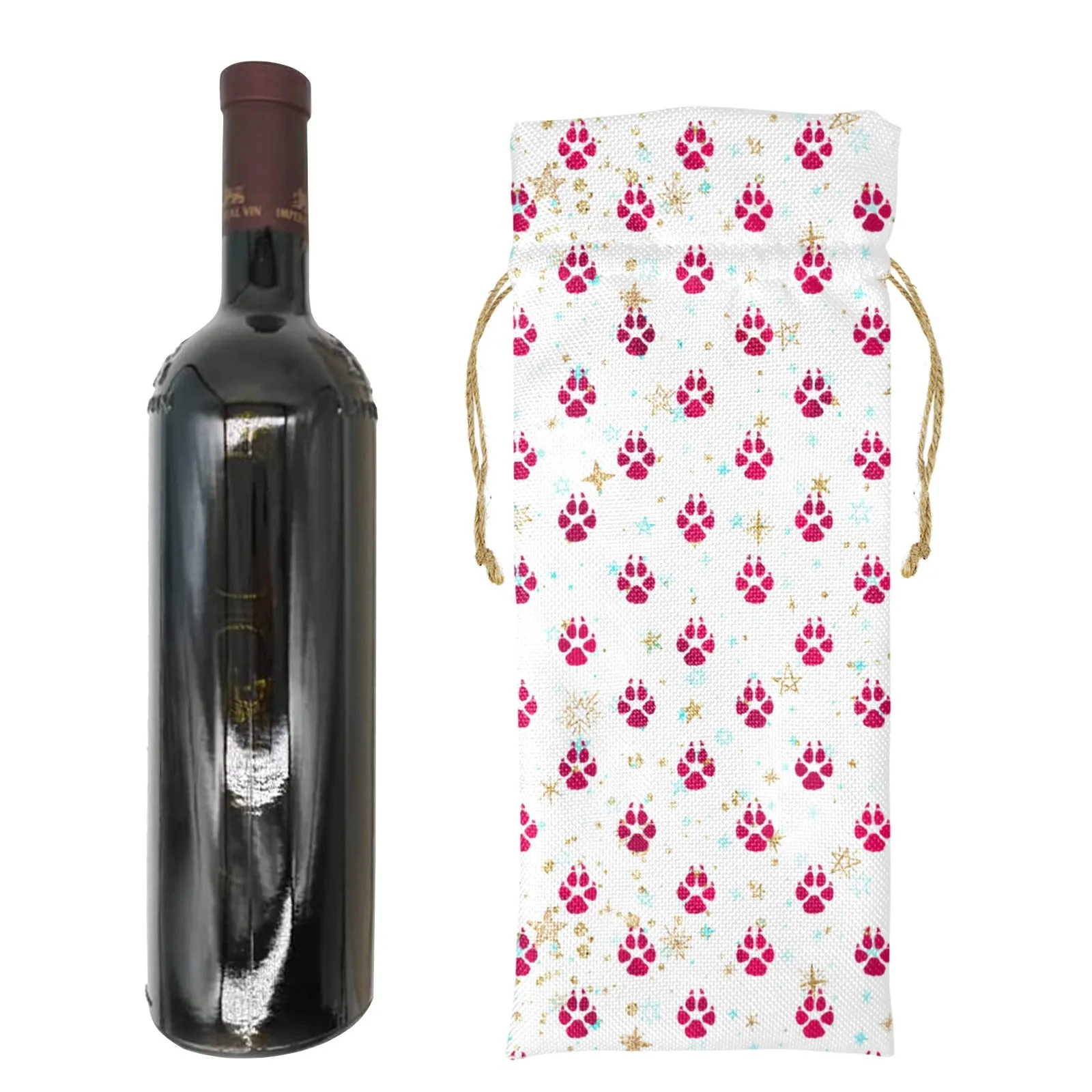 Dog Paws Red Linen Wine Bottle Bag