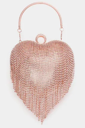 Elegant Rhinestone Fringe Heart Clutch