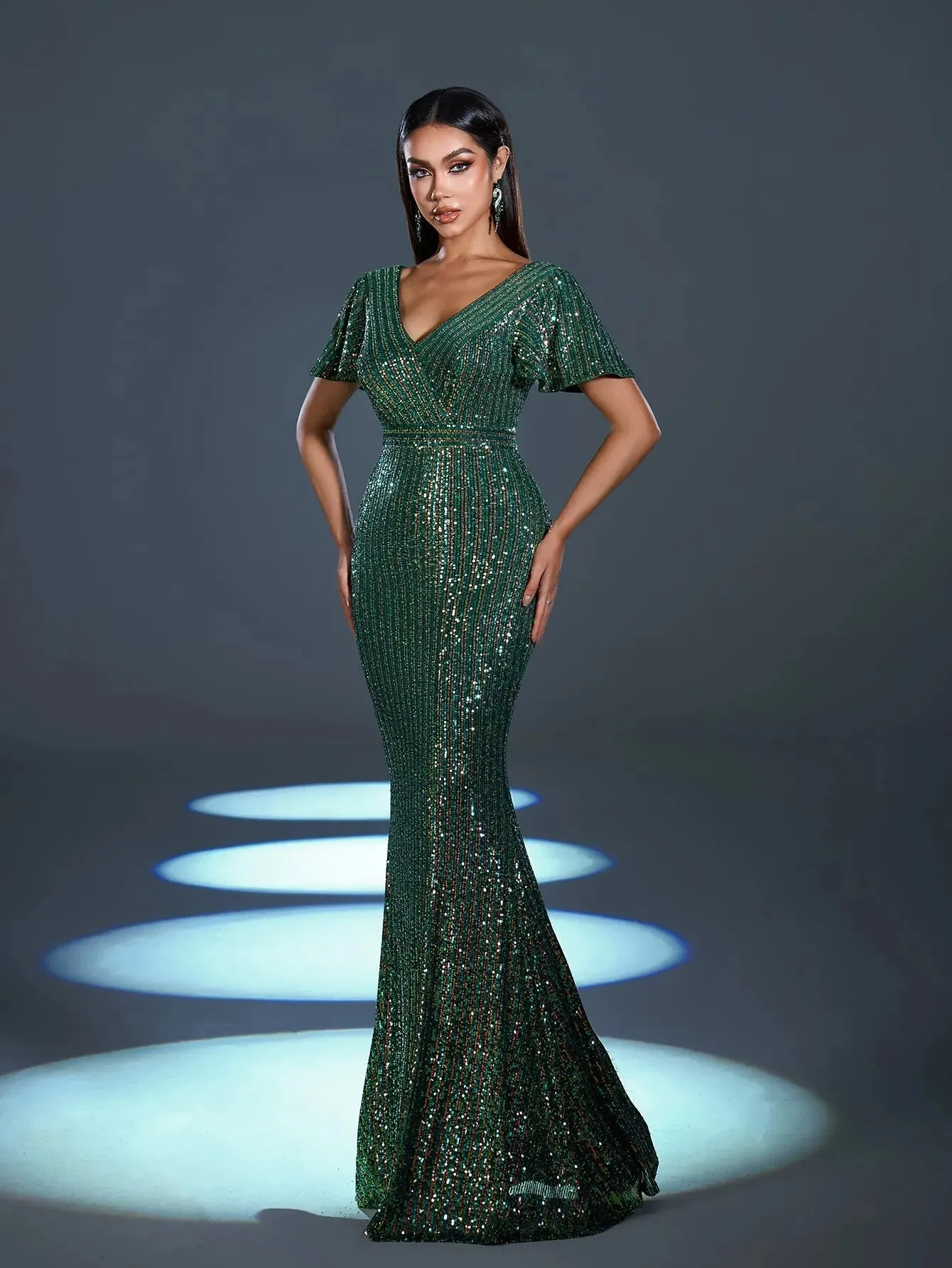 Elegant Sequin Butterfly Sleeves Mermaid Hem Evening Dress