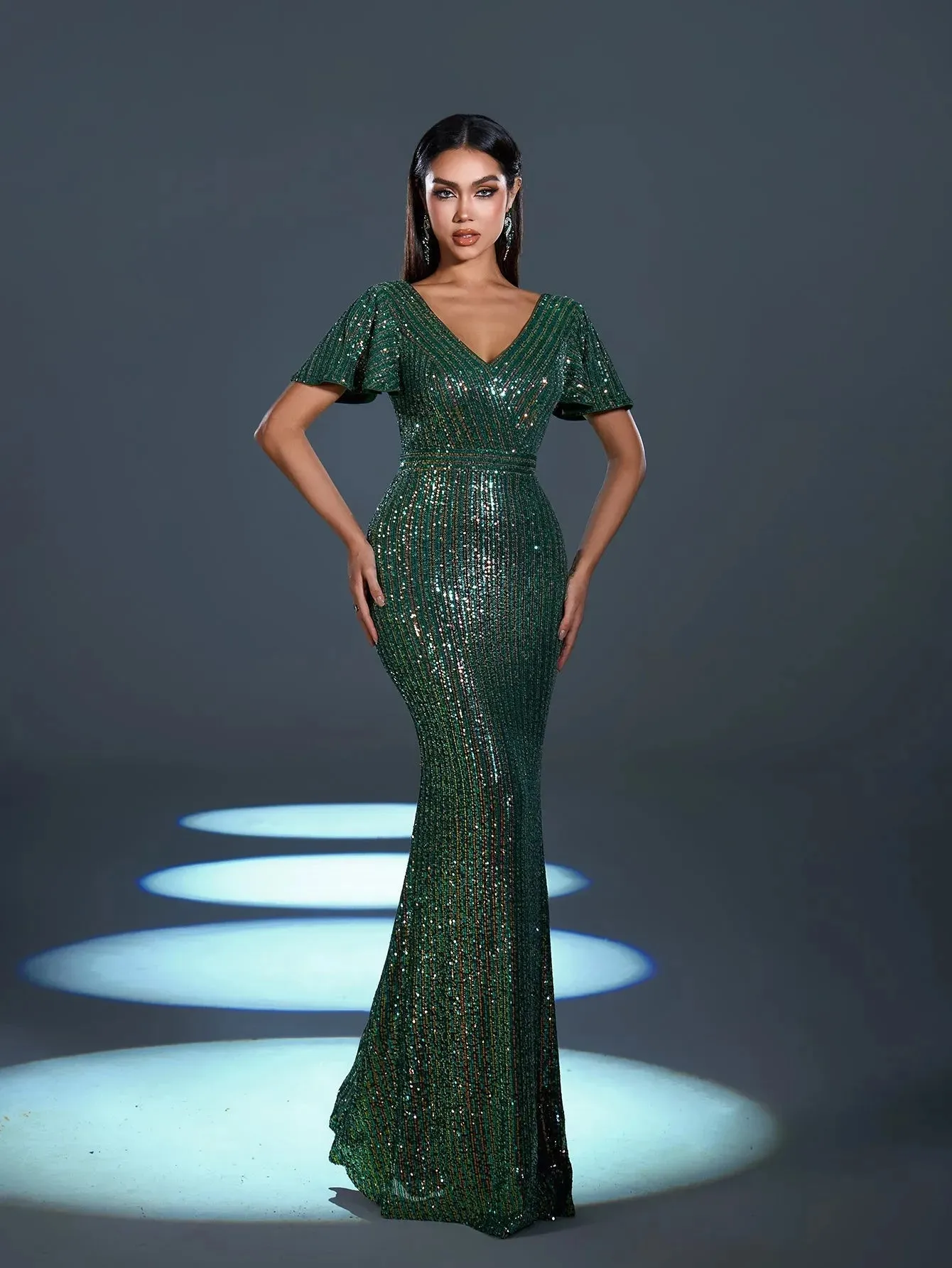 Elegant Sequin Butterfly Sleeves Mermaid Hem Evening Dress