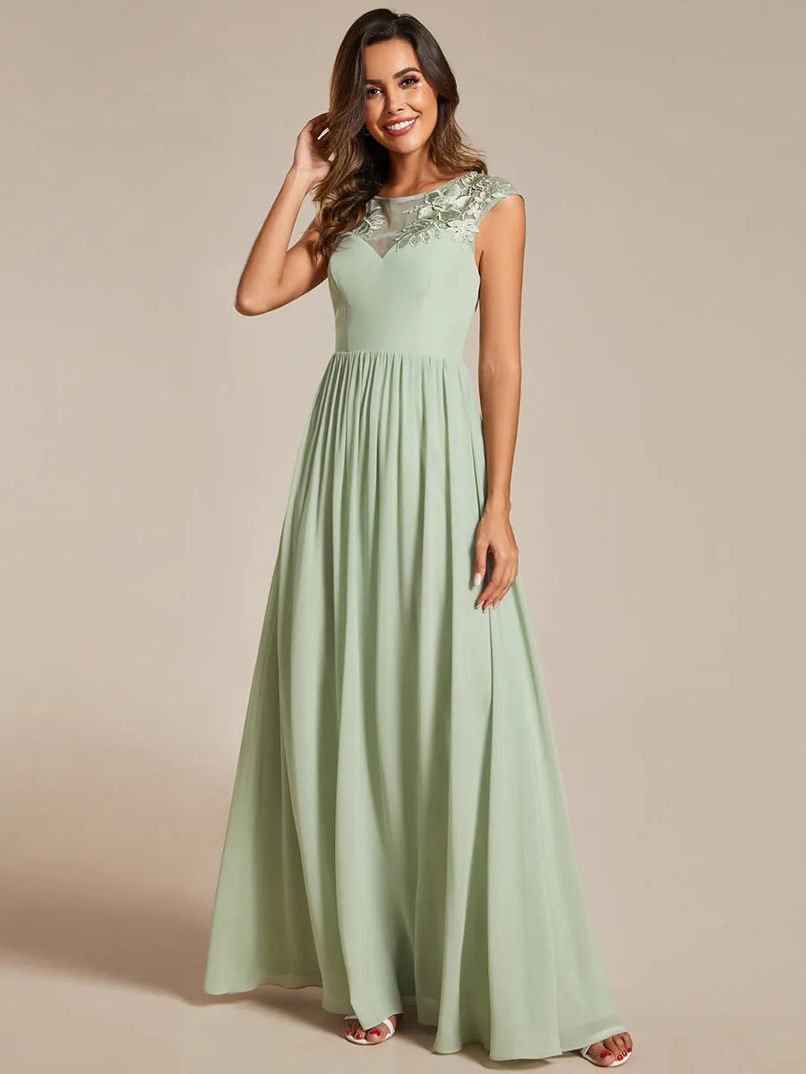 Embroidery Round Neck Floor Length Bridesmaid Dress With Raglan Sleeves