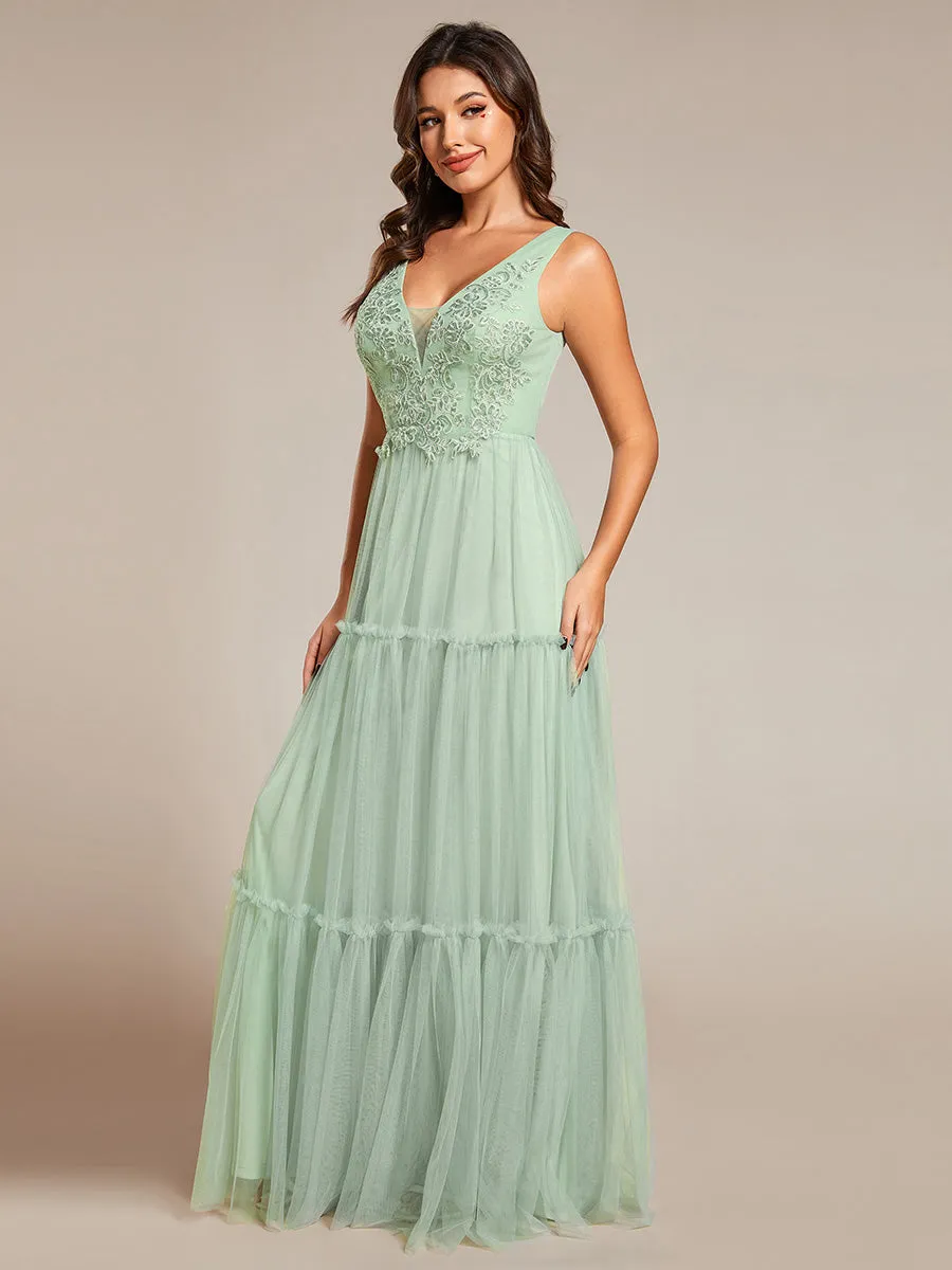 Embroidery V Neck Wholesale Chiffon Evening Dress With Sleeveless