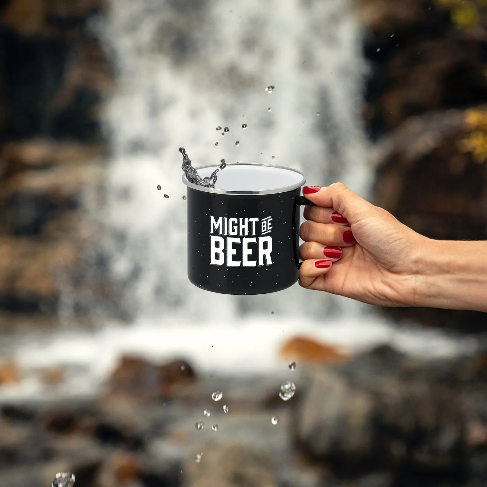 Enamel Camping Coffee Mug "Might Be Beer" Large Tin Cup 15 Ounce , (Midnight Black)