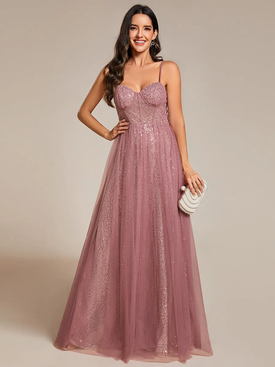 Exquisite   Empire Waist Sequin Shiny A-Line Floor Length Sweetheart Neckline Spaghetti Straps Wholesale Evening Dress