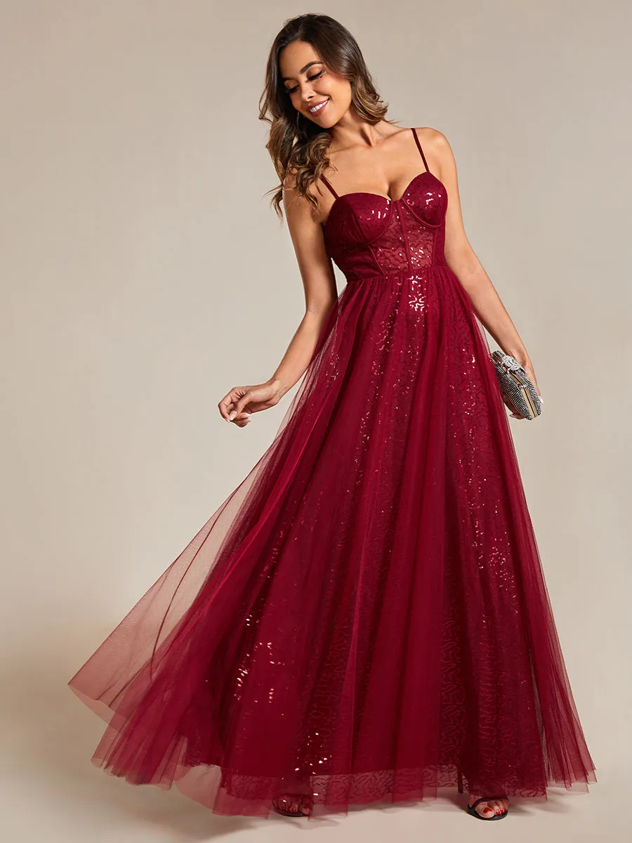 Exquisite   Empire Waist Sequin Shiny A-Line Floor Length Sweetheart Neckline Spaghetti Straps Wholesale Evening Dress