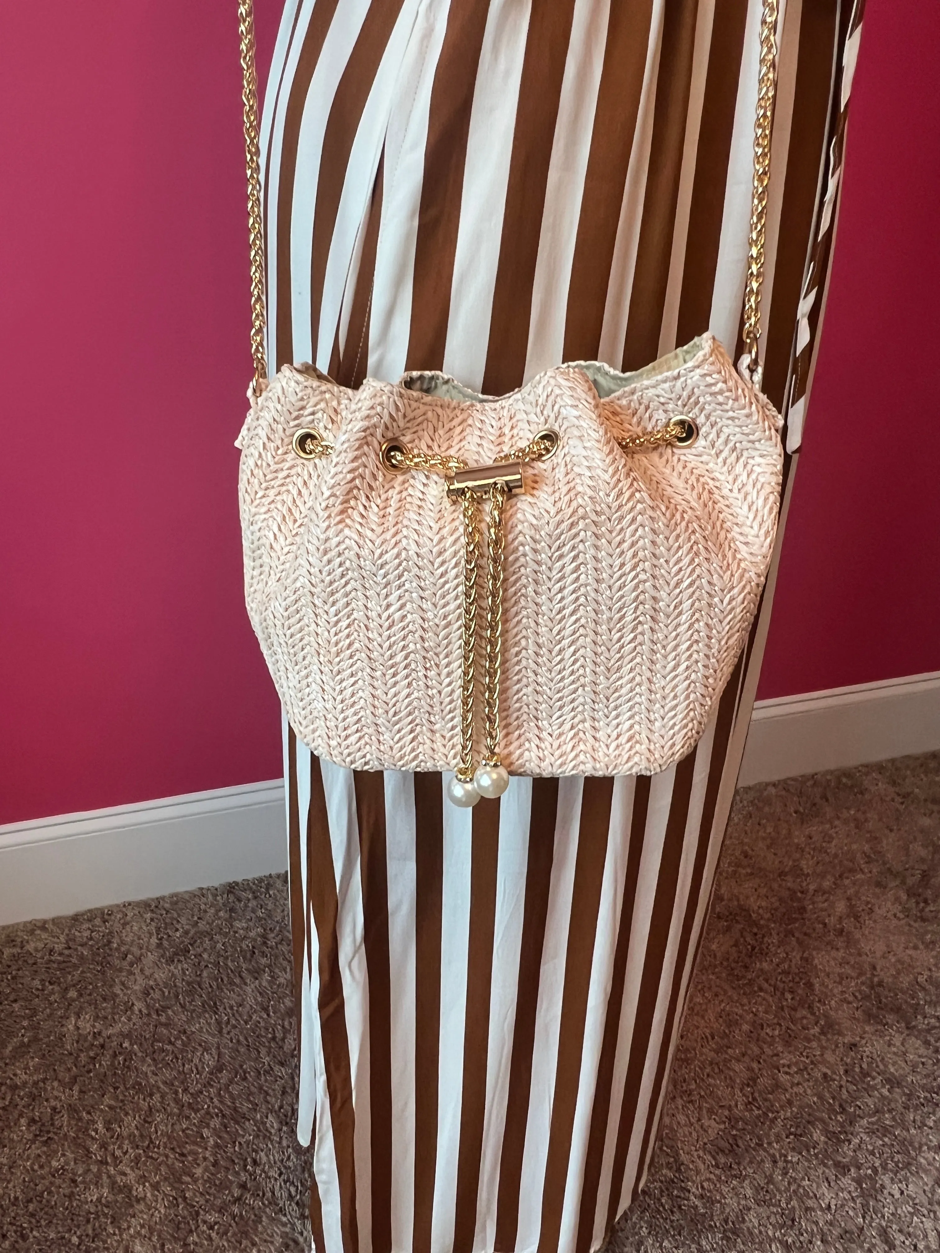 Faux Straw Bucket Crossbody Bag