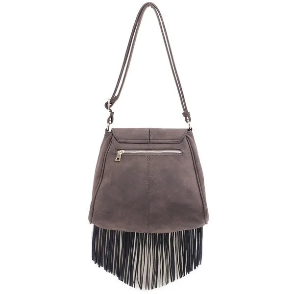 Faux Suede Fringe Flap Crossbody Bag