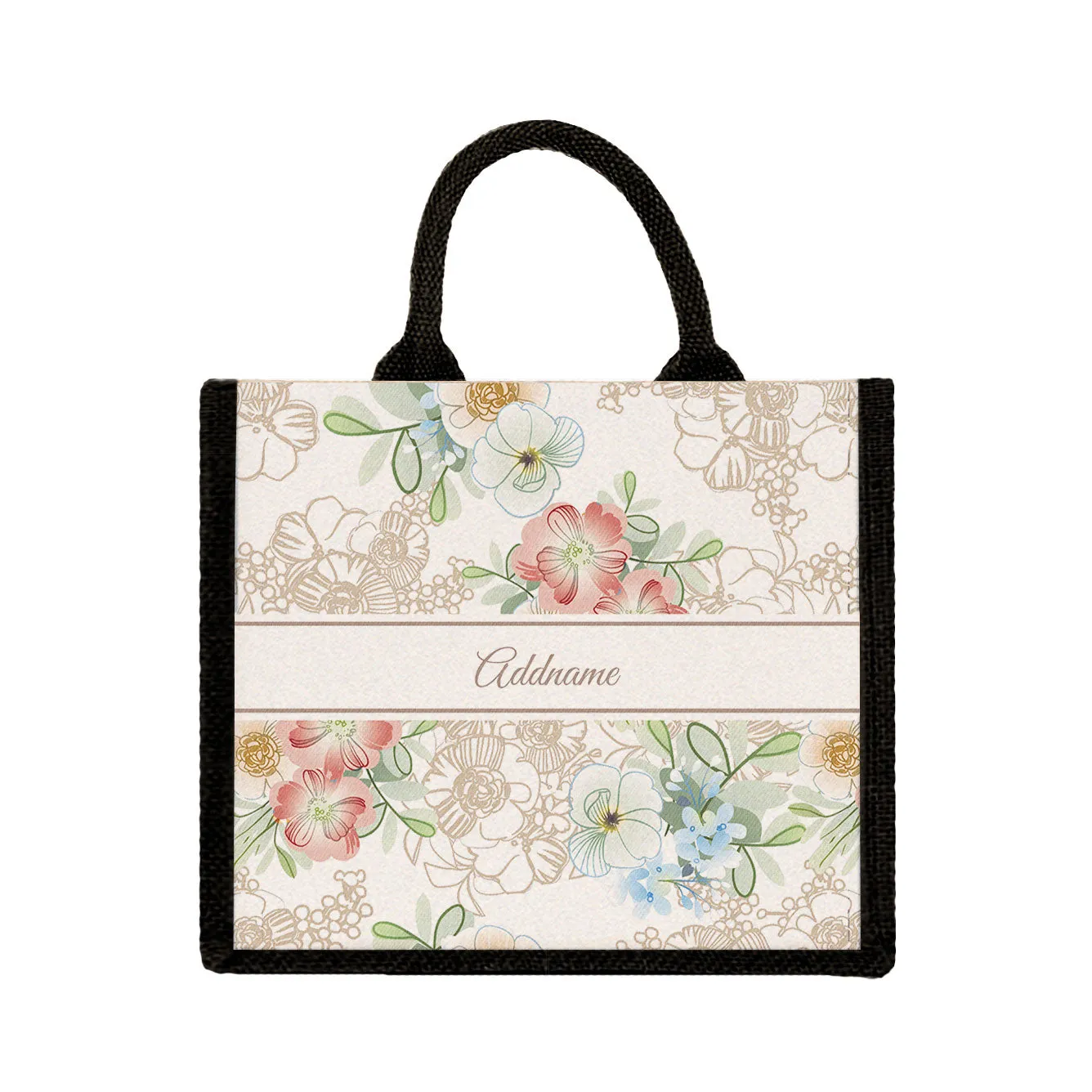 Floral Series Medium Jute Tote Bag [FREE Custom Add Name]