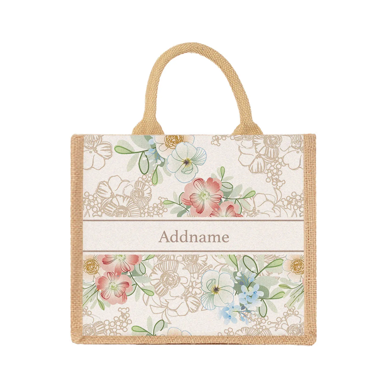 Floral Series Medium Jute Tote Bag [FREE Custom Add Name]